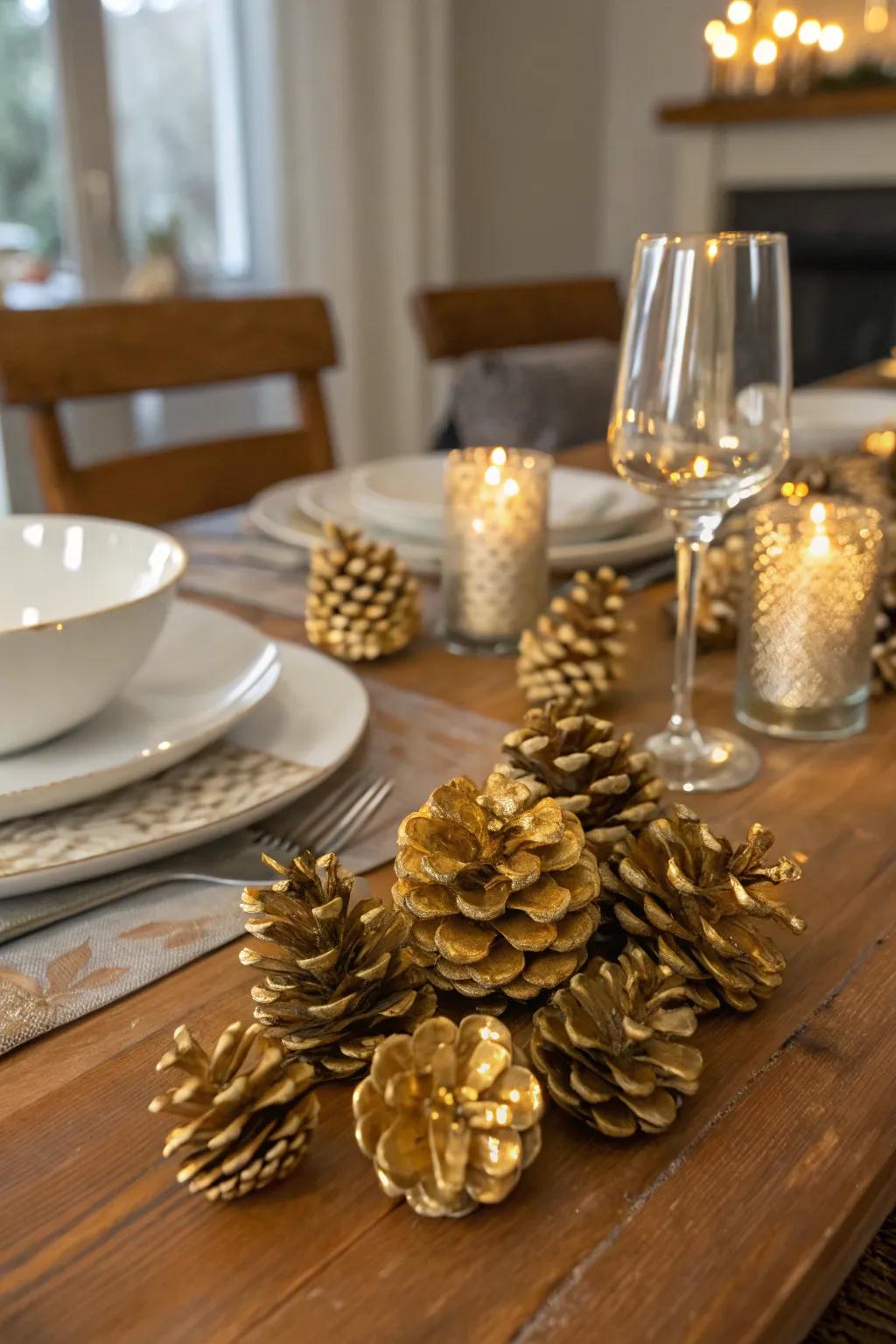 Nature-inspired gilded-painted conifer cones contributing a rustic component.