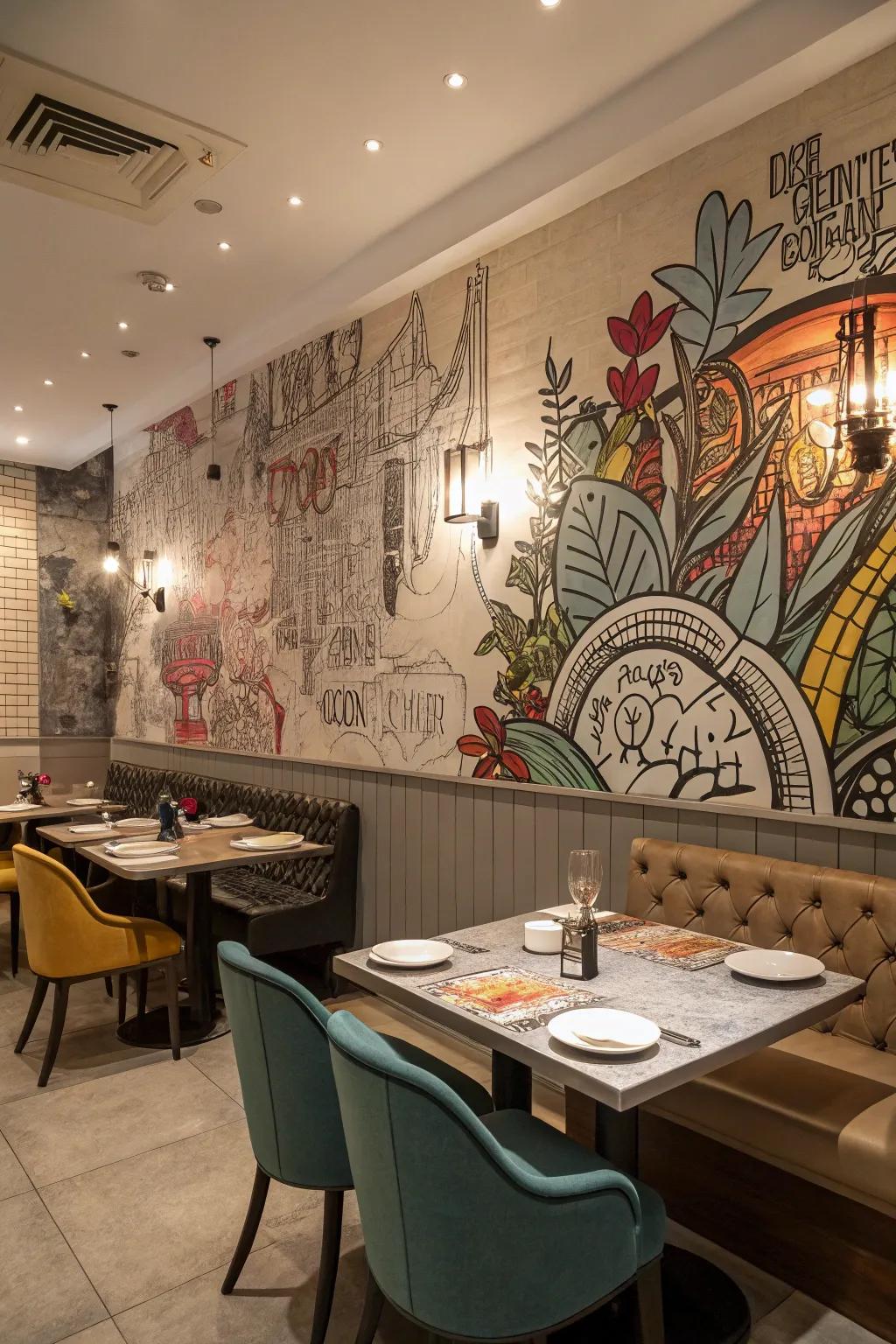 Intricate graffiti illustrations adding flair to a dining room