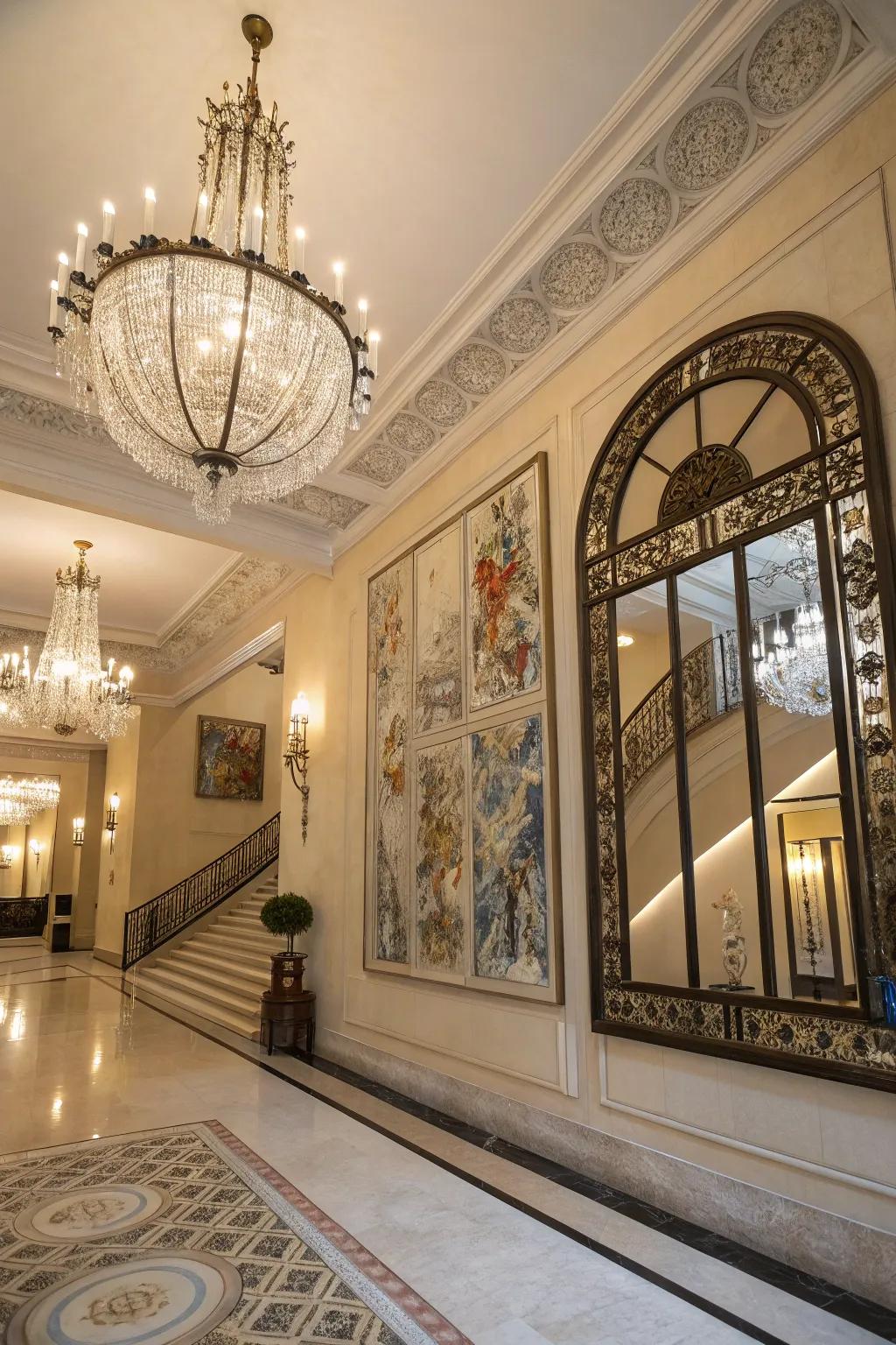 Visual art and ornamental looking glasses amplify the visual allure of a grand foyer.