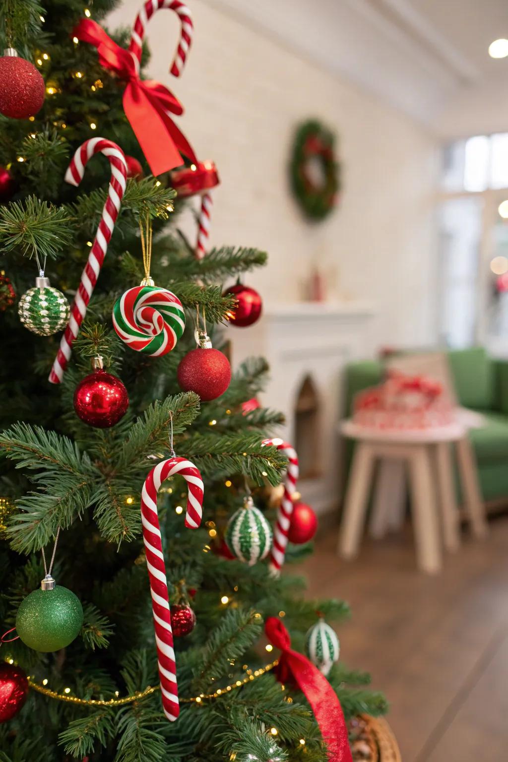 A playful candy cane-themed Christmas tree with red and green decorations.