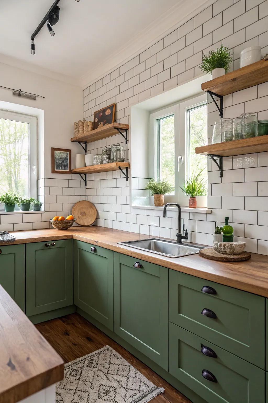 Green cabinetry contrasted with white floor tiles and wood accents.
