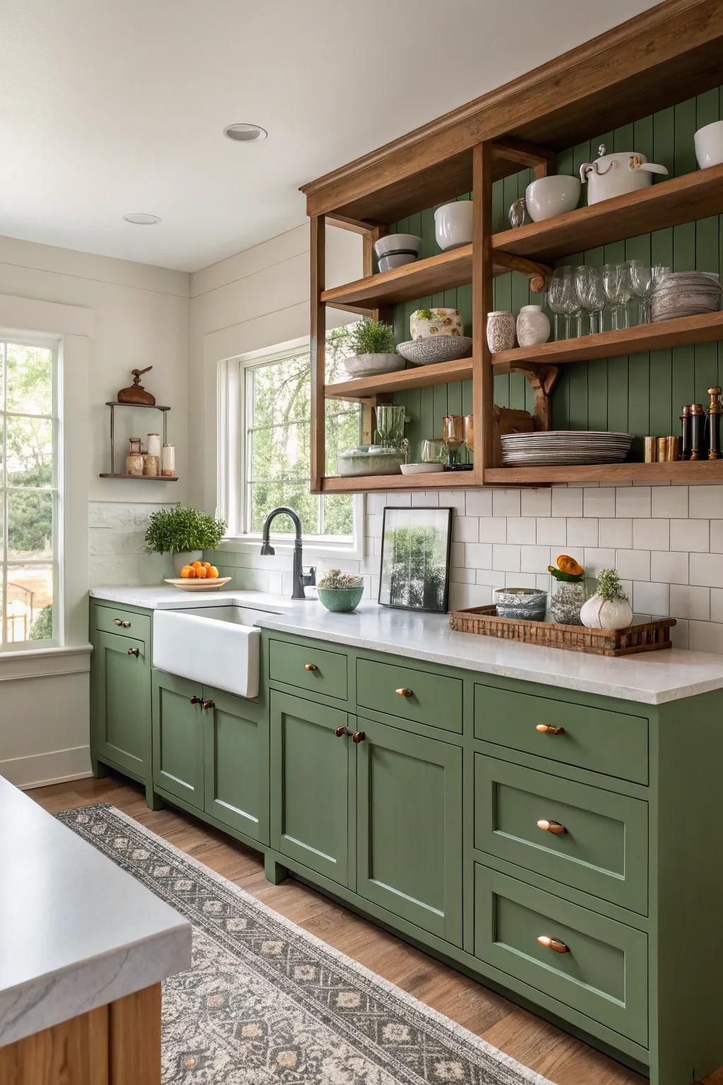 Visible shelving in a green kitchen exhibiting decorative objects.