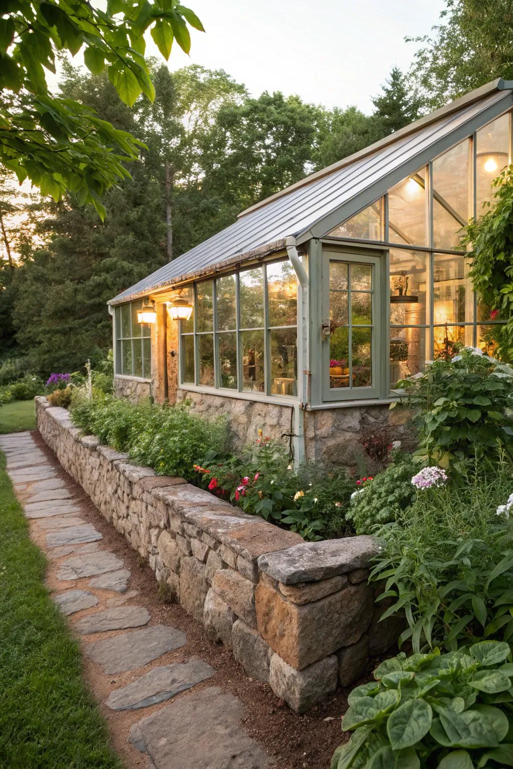 Country stone features give a greenhouse's exterior charm.