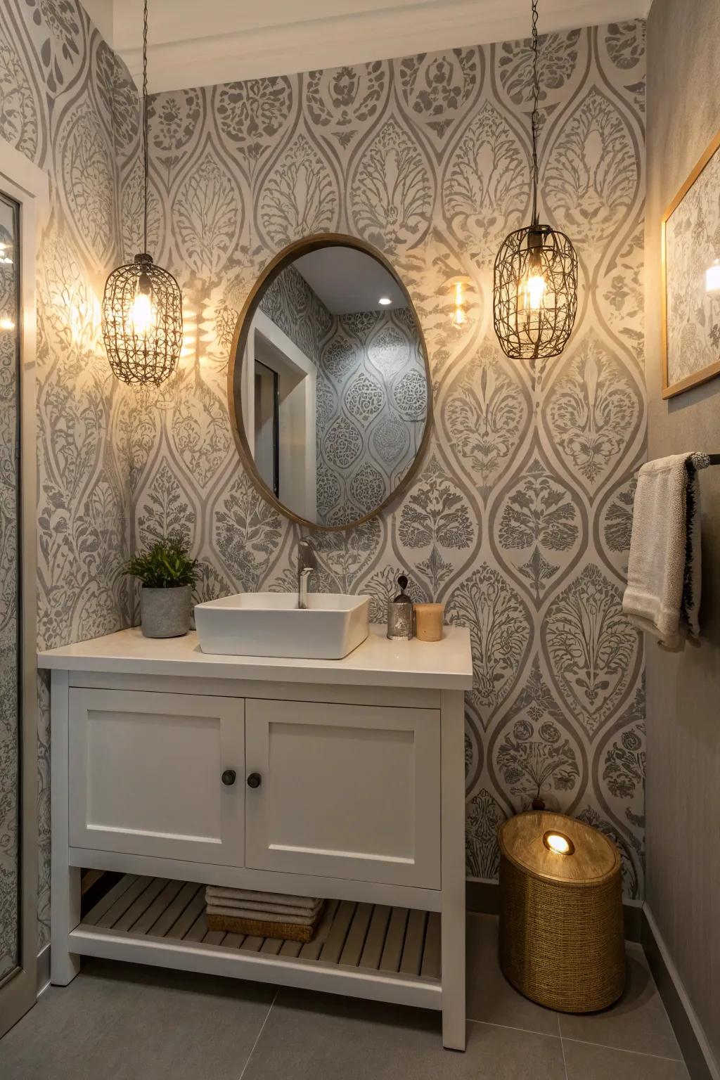 Patterned grey wallpaper brings depth and intrigue to this compact bathroom.