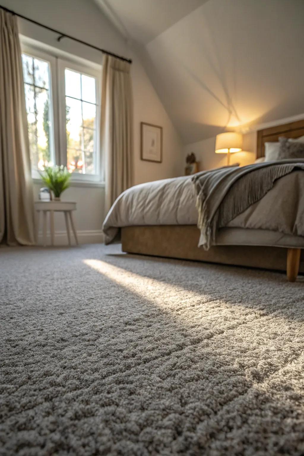 Textured grey carpet enriches the room's ambiance through its eye-catching design.