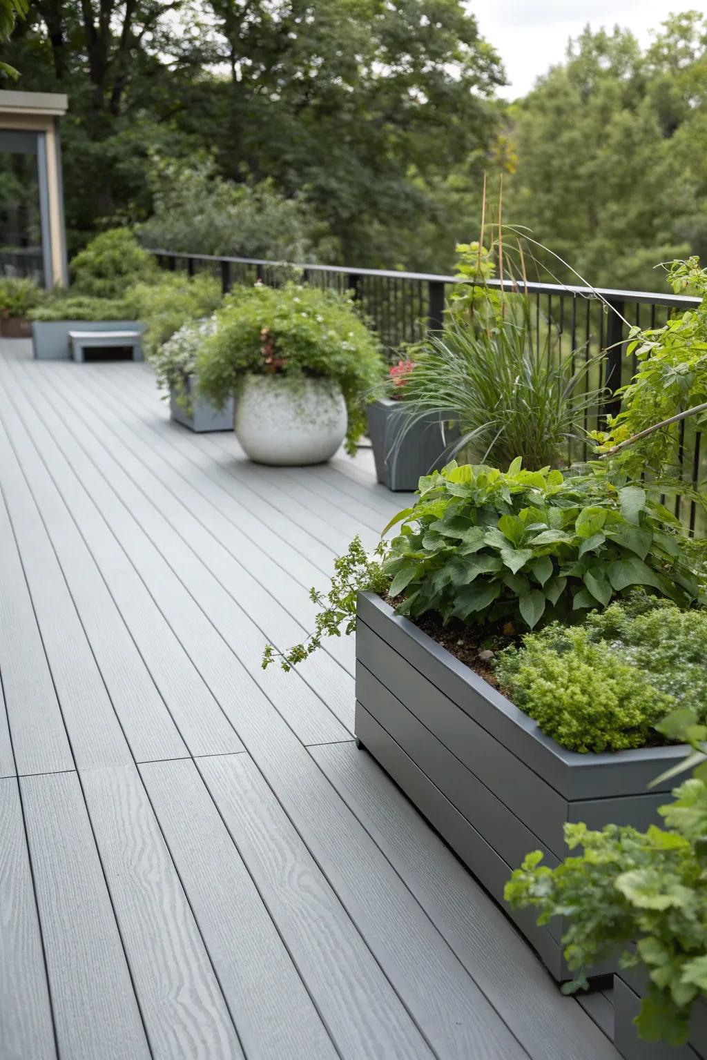 Greenery surrounding a serene grey deck.