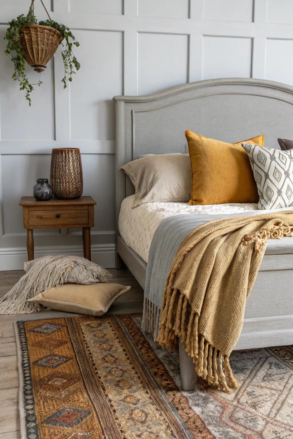 A warm and inviting bedroom with a grey headboard and cozy accessories.
