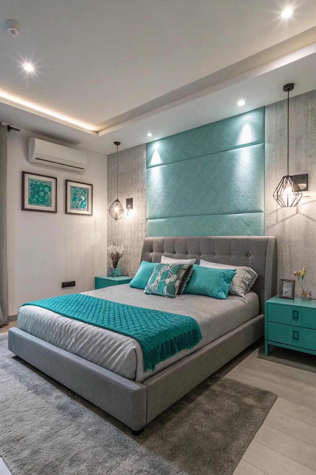 Lighting fixtures that combine both colors enhance the room's atmosphere.