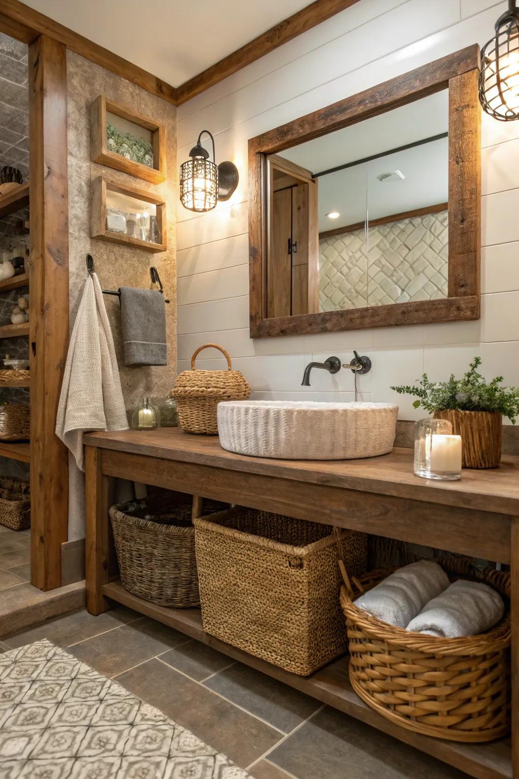 A guest bathroom featuring textured elements such as woven baskets and wooden accents.