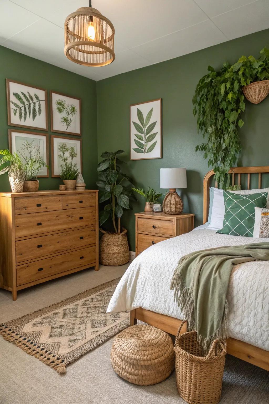 A guest room enveloped in lush forest green for a natural escape.
