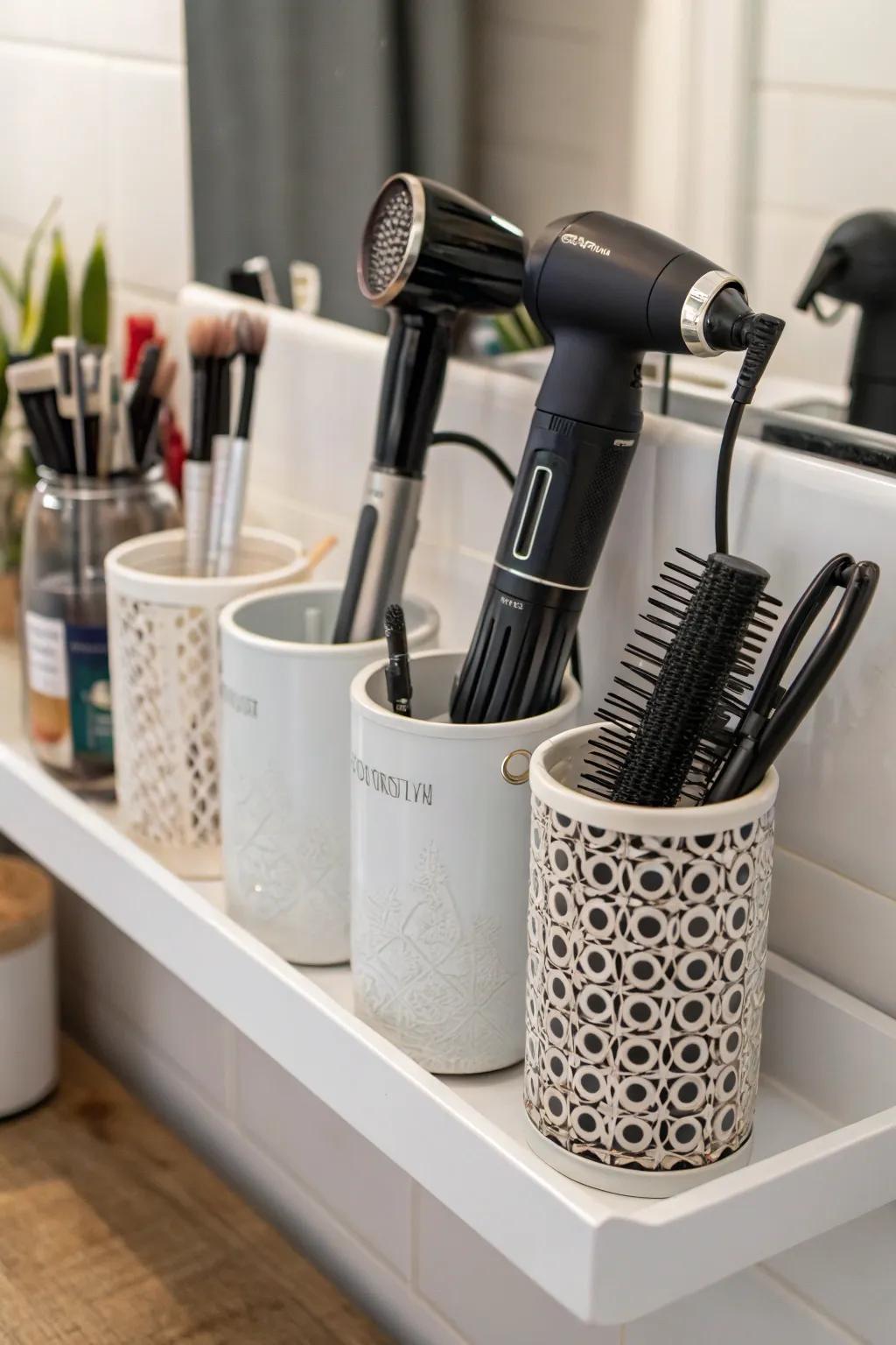 Classy independent receptacles for upright storage of hair instruments.