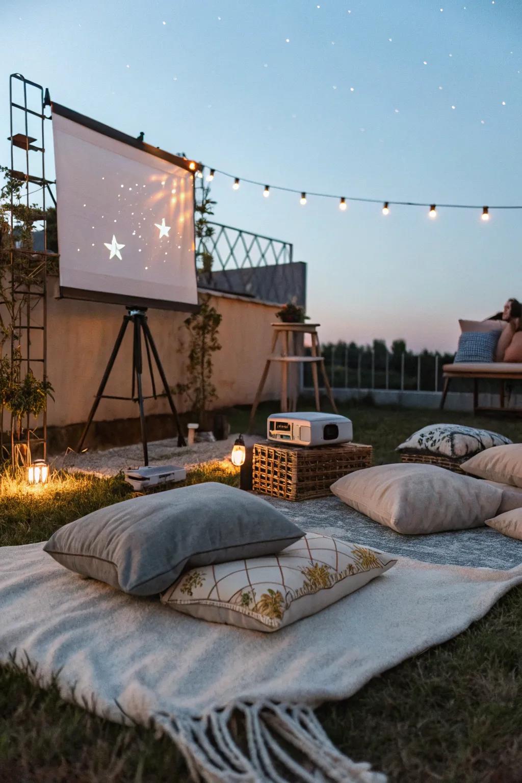 A cozy outdoor movie night setup, ideal for celebrating a half birthday under the stars.