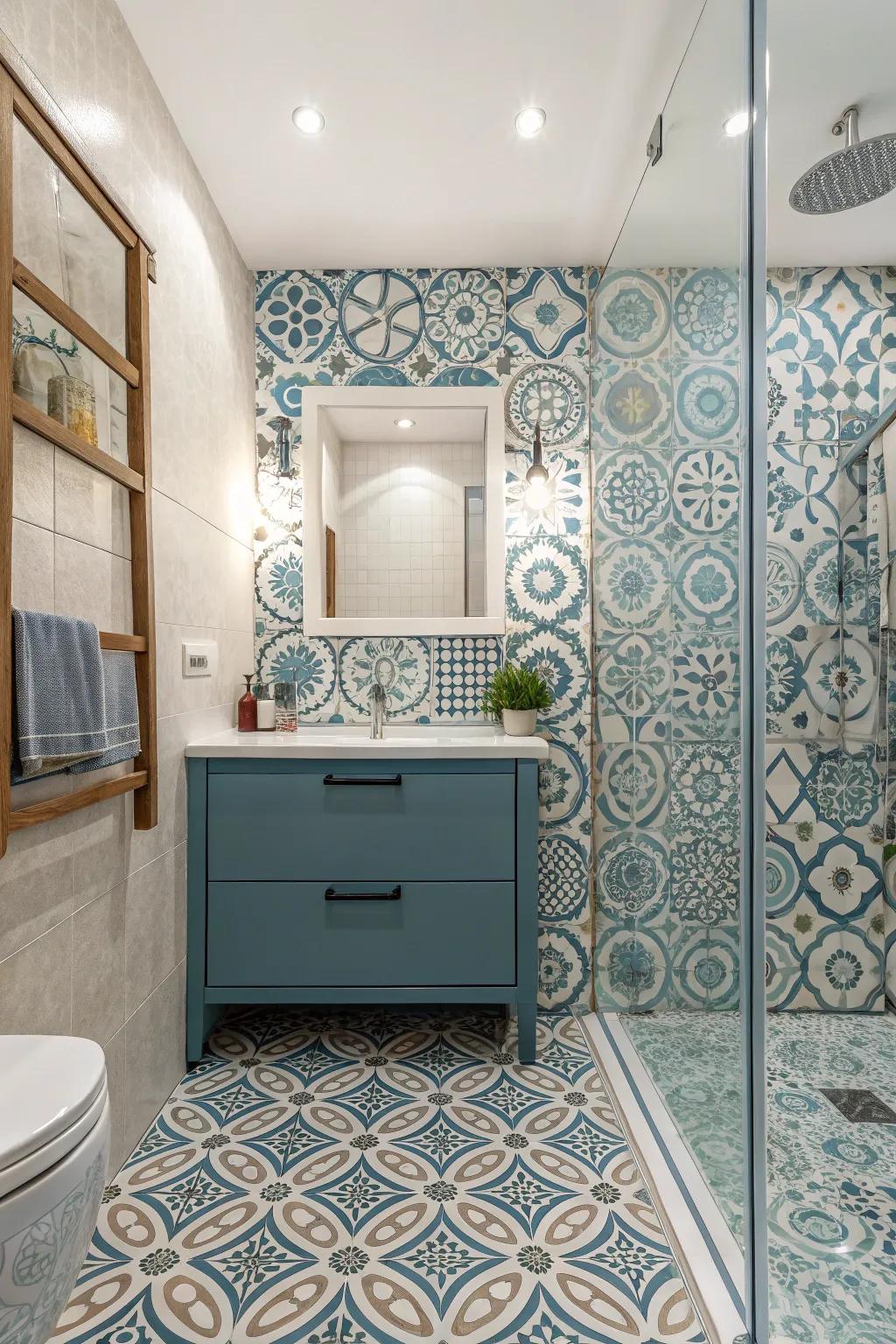 Artistic tile arrangements contribute character to this bathroom.
