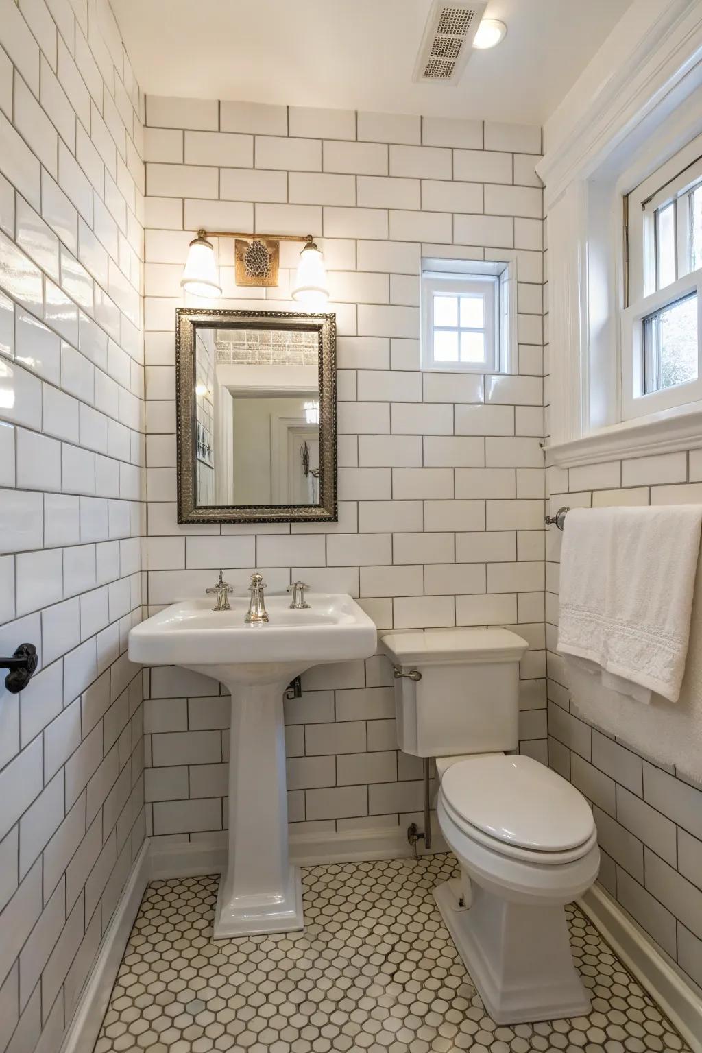 Rectilinear tiling imparts a timeless and pristine facade to a hall bathroom.