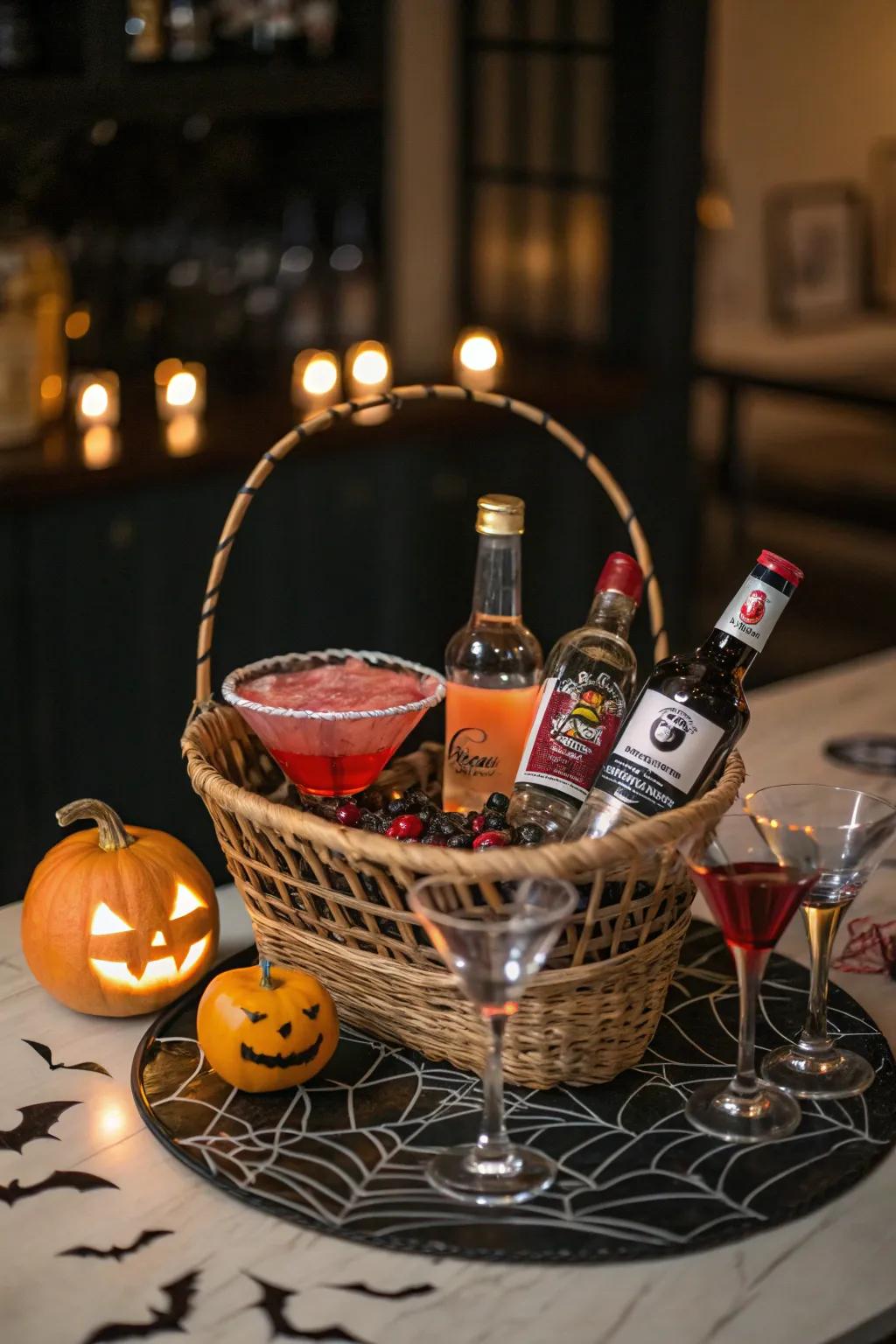 A portable bar in a basket for Halloween cocktail connoisseurs.