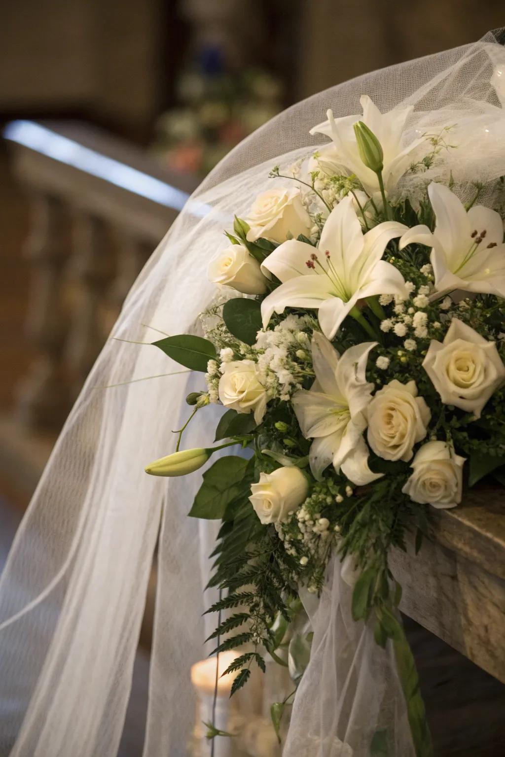 Ivory flowers generate a polished and phantom-like atmosphere suited for Halloween.