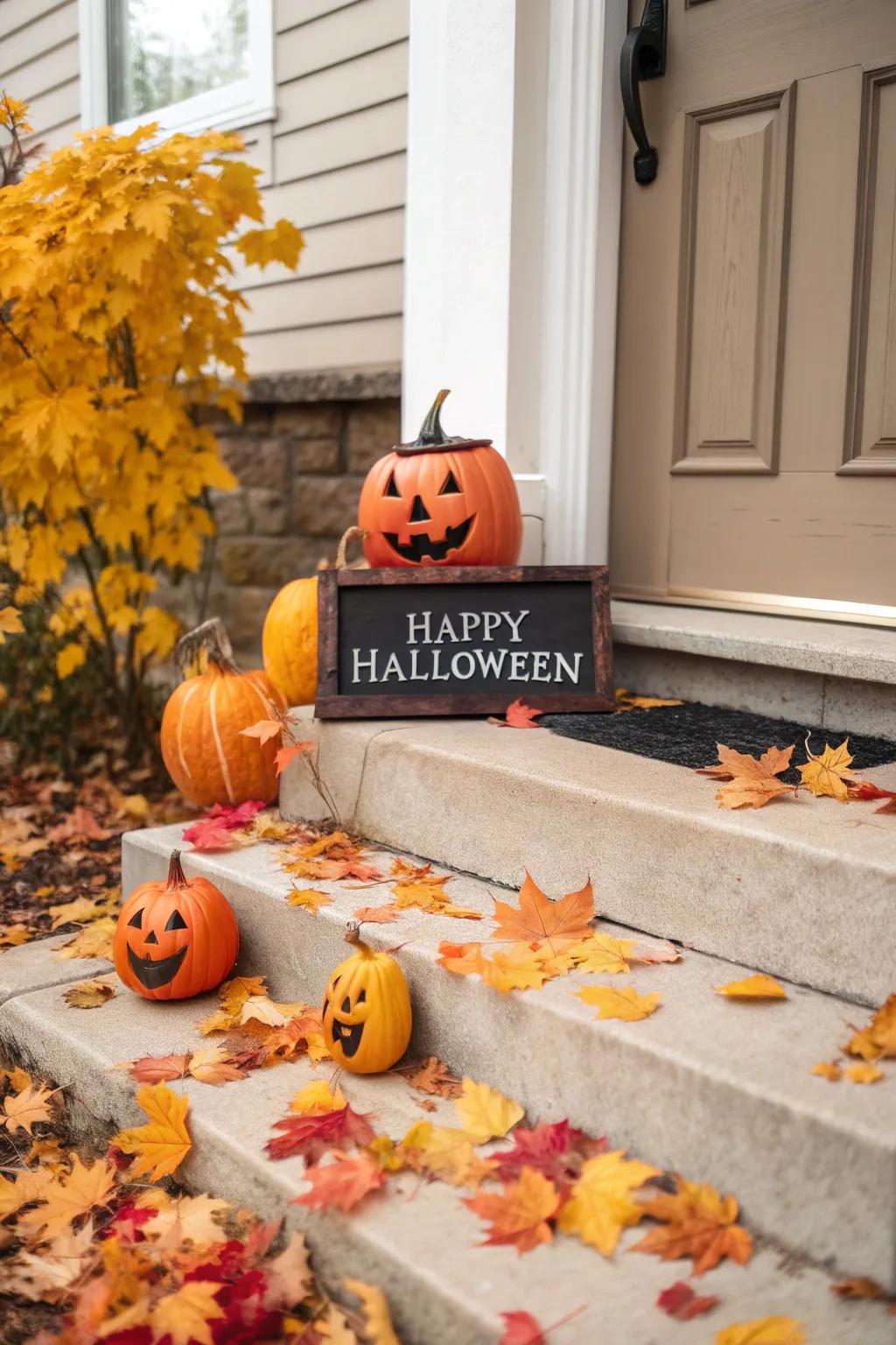 A welcoming display of pumpkins and a Halloween sign.