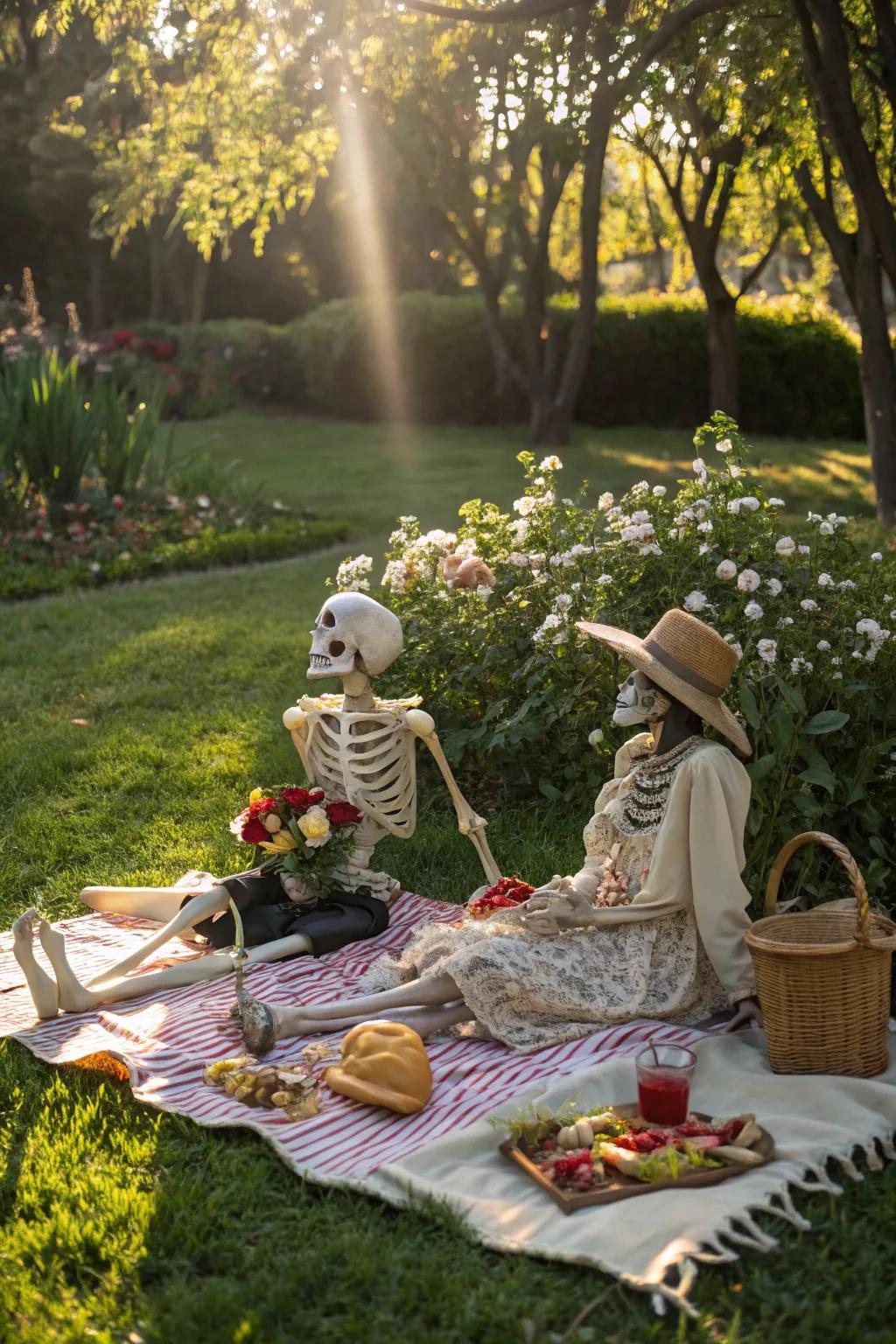 Skeletal figures at an al fresco repast convey a whimsical allure to your Halloween ornamentation.