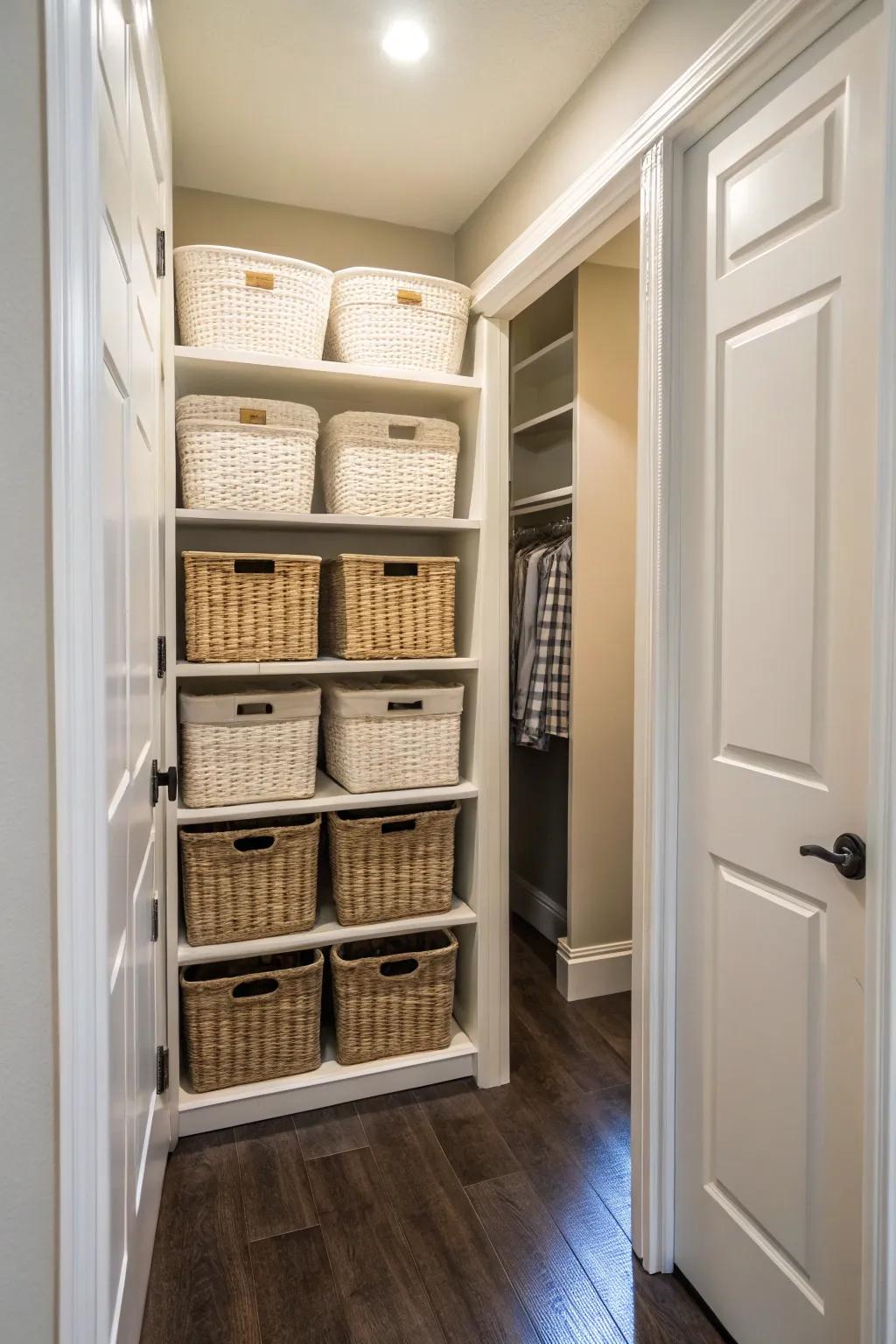 Matching baskets inside a hallway closet that creates a unified and fashionable look.