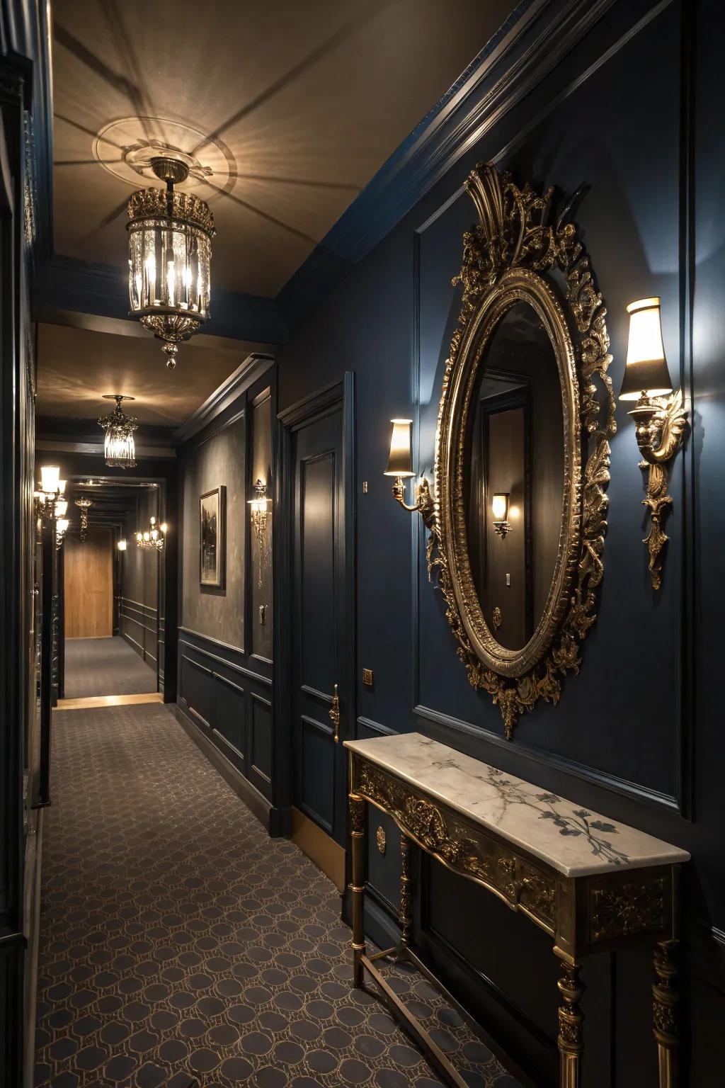 Dark hues can append a sensation of drama and sophistication to corridors.