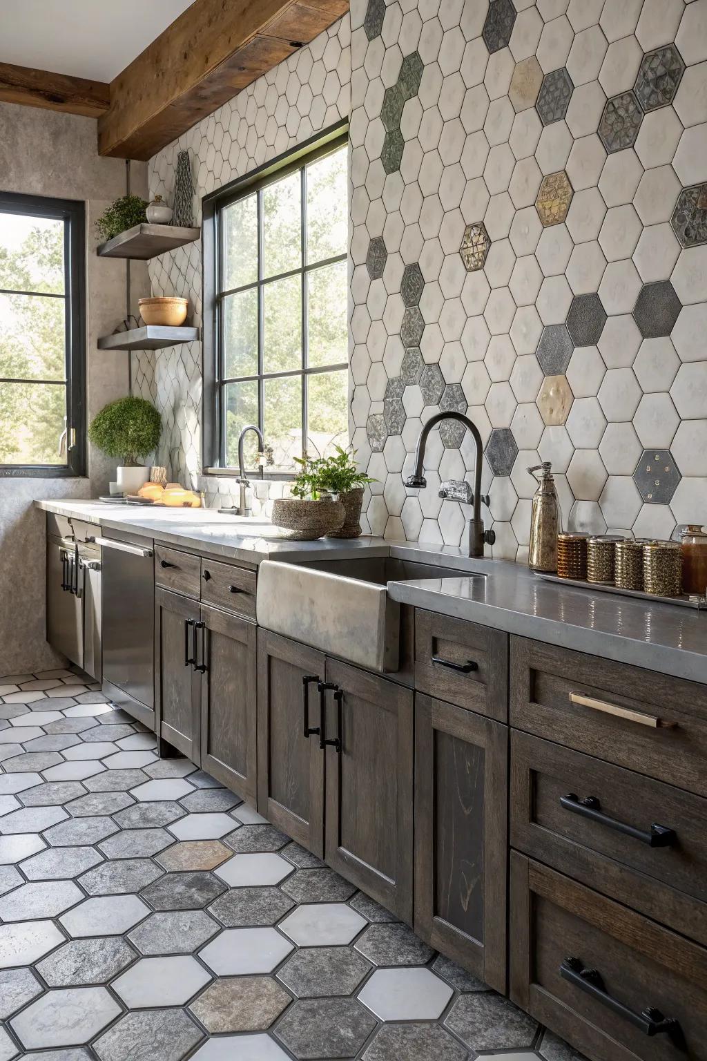 Blending materials with geometric patterns enriches your kitchen with depth and personality.
