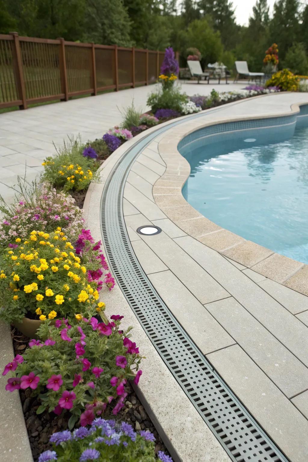 Curved drainage designs fashion a playful arrangement around the pool.
