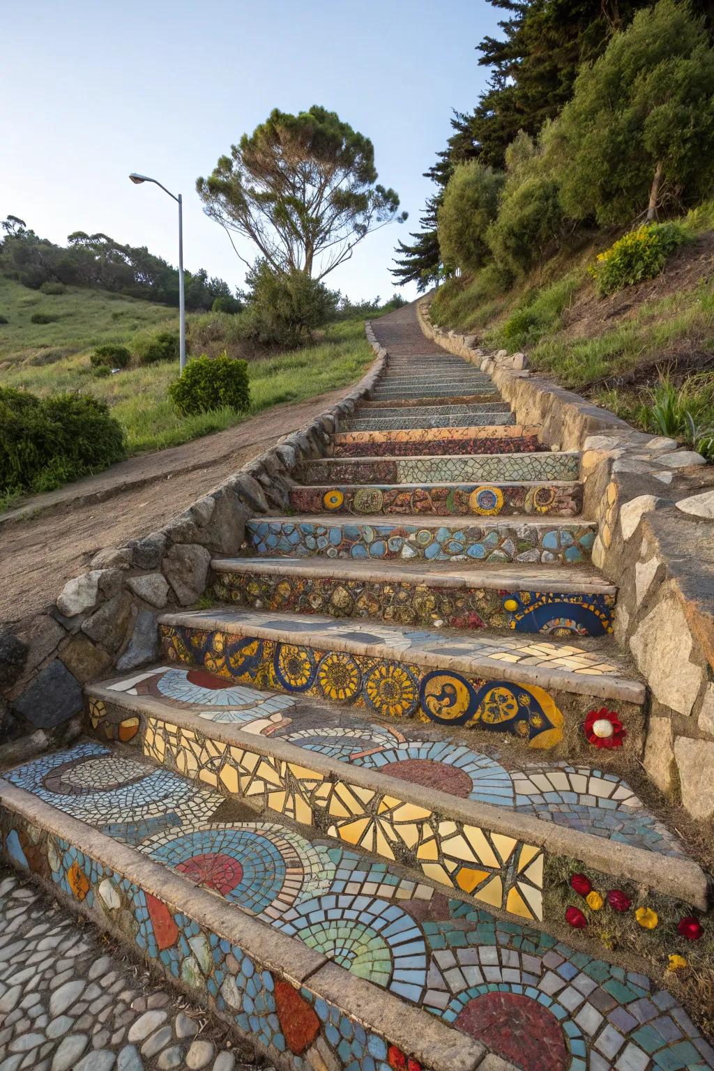 Tile steps deliver vibrant artistry to garden slopes.