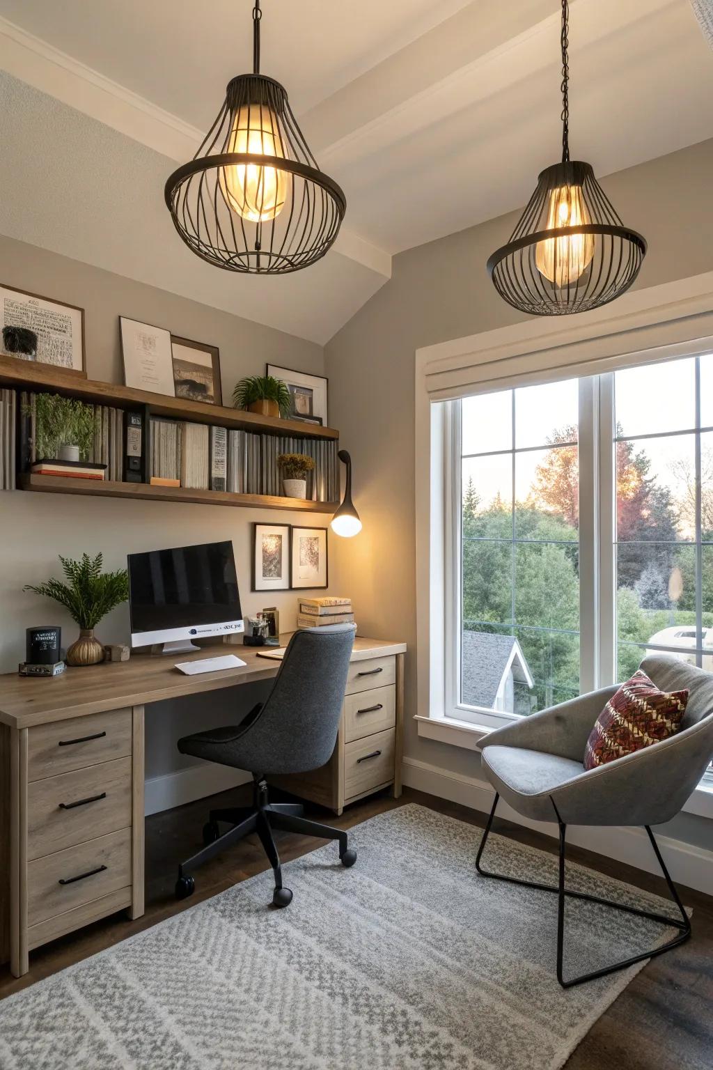 Modern lighting aesthetics incorporate artistic flair into your home office.