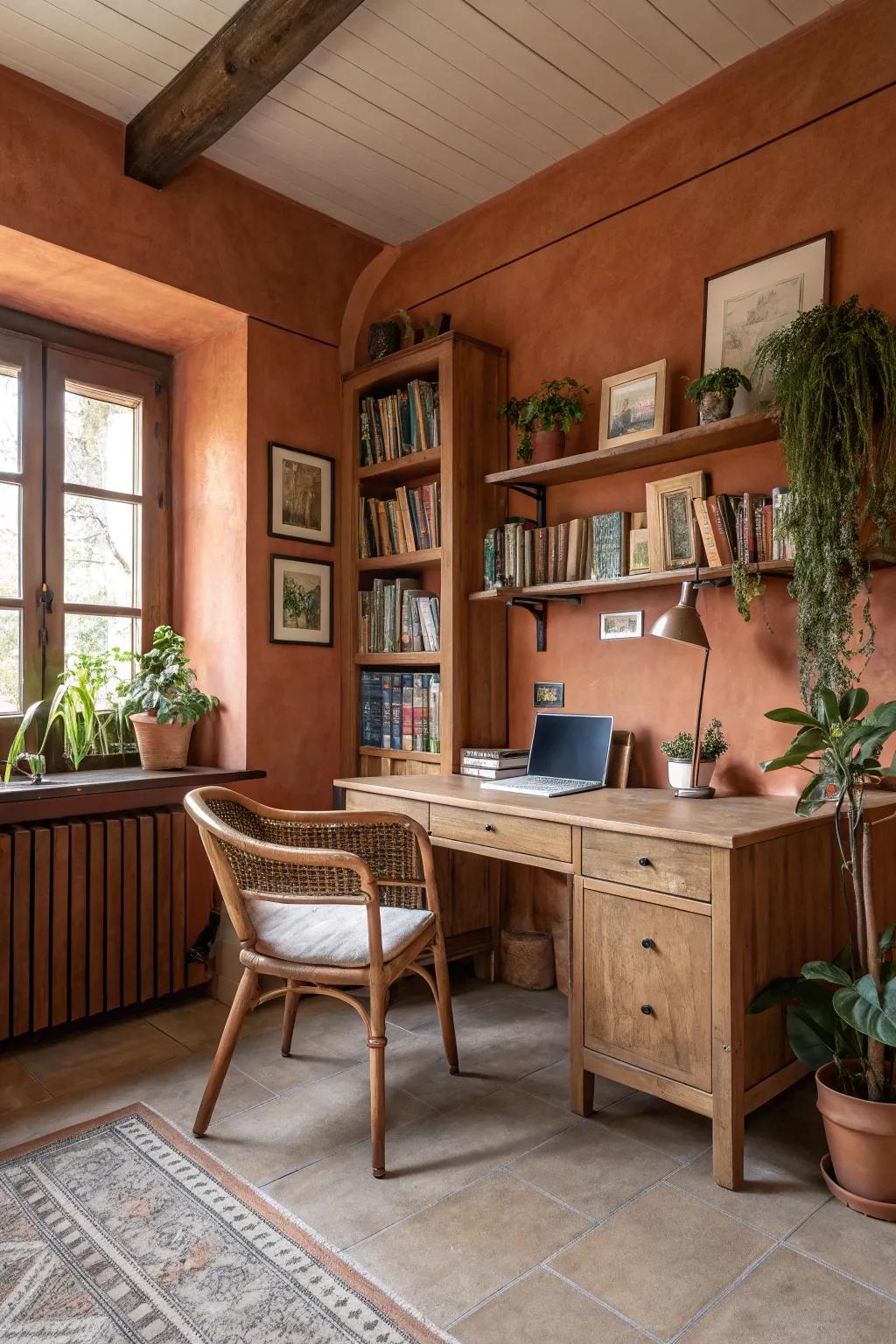 Red clay partitions contribute comfort and countryside charm to this personal office.