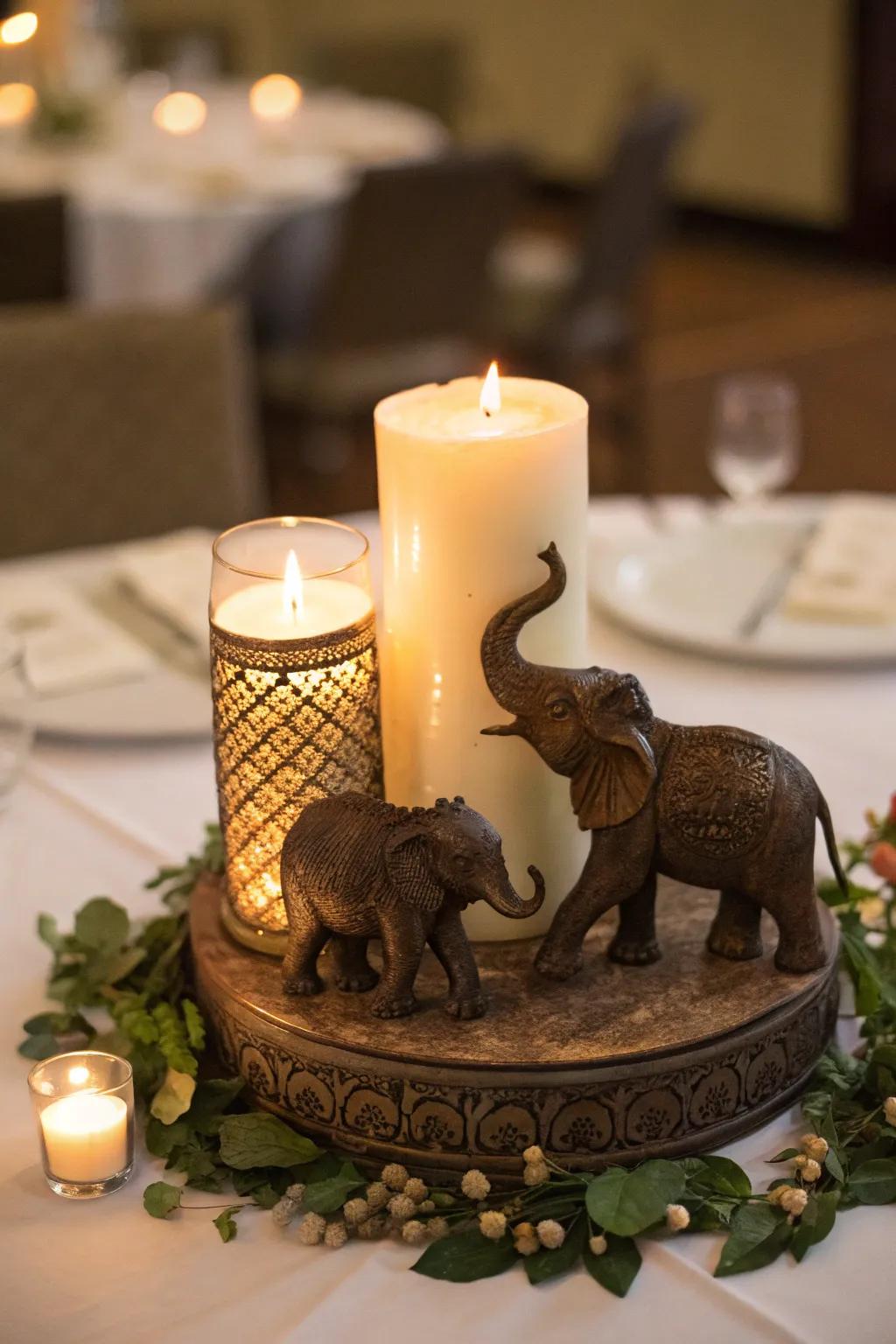 Candlelit showpiece with elephants for a cozy atmosphere.