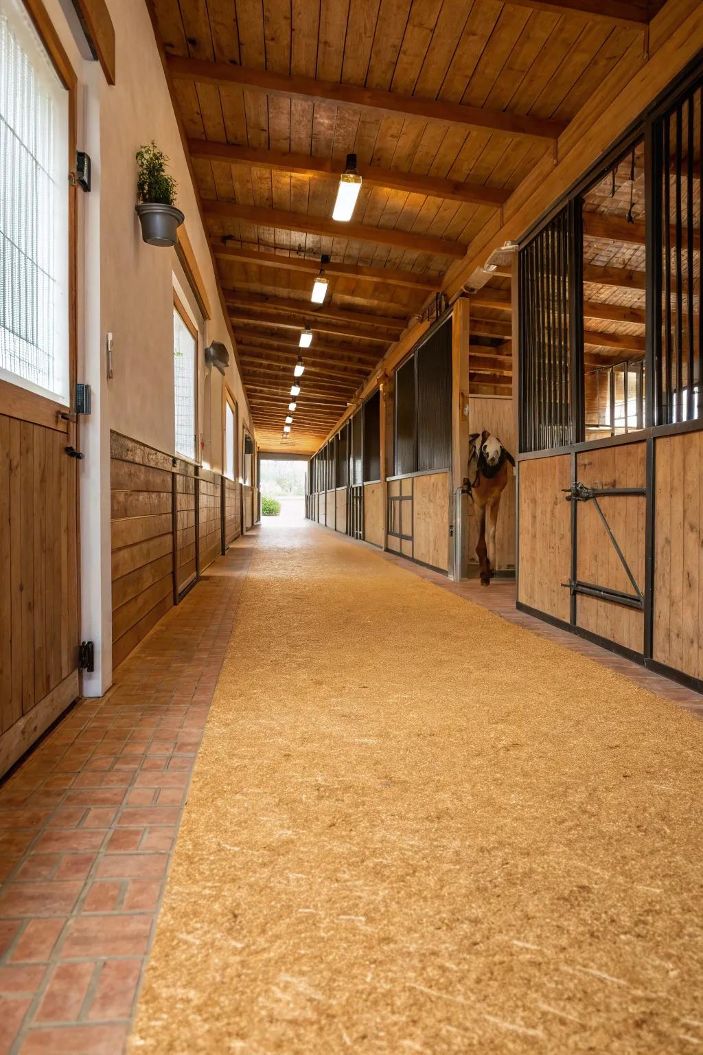 Cork flooring is a sustainable and comfortable option for horse barn walkways.
