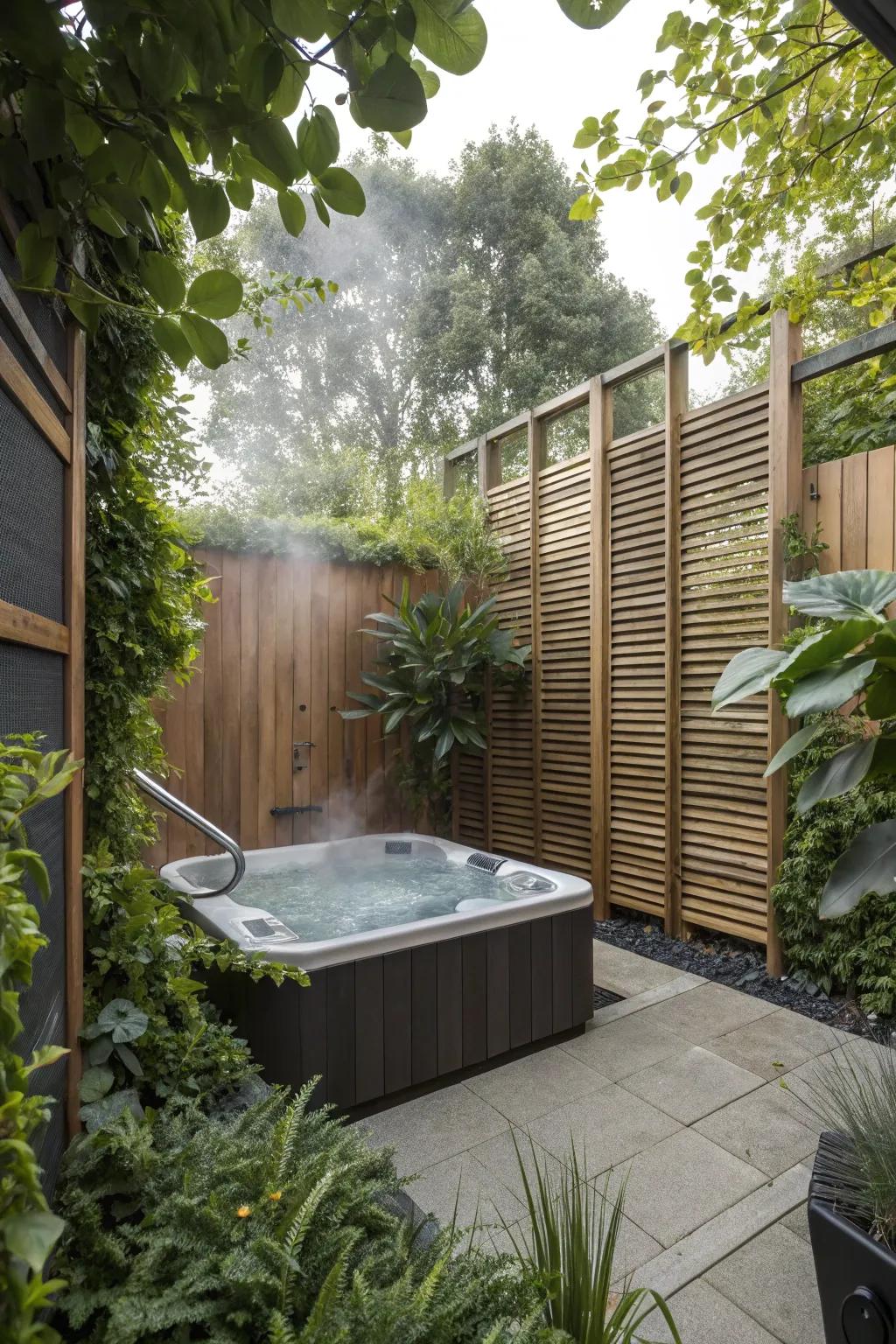 Seclusion dividers and plants fashion a private <strong><em>hot tub</em></strong> oasis.” loading=”lazy” class=”pimg”>
	</picture><figcaption>Seclusion dividers and plants fashion a private <strong><em>hot tub</em></strong> oasis.</figcaption></figure>
<p>Employ privacy dividers or strategically arranged plants to fashion a secluded retreat. It’s astounding how substantially more calming my <strong><em>hot tub</em></strong> becomes with a degree of concealment from watchful eyes.</p>
<h3>A few choices to try:</h3>
<ul class=