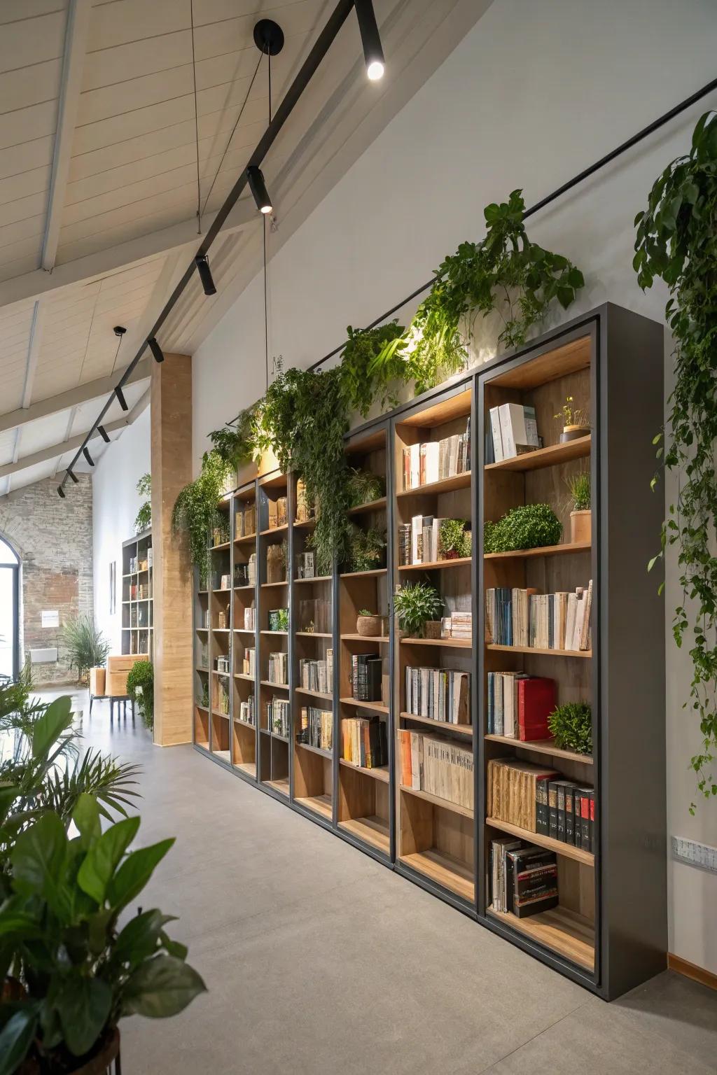 A room that capitalizes on vertical dimensions with tall storage and suspended plants.