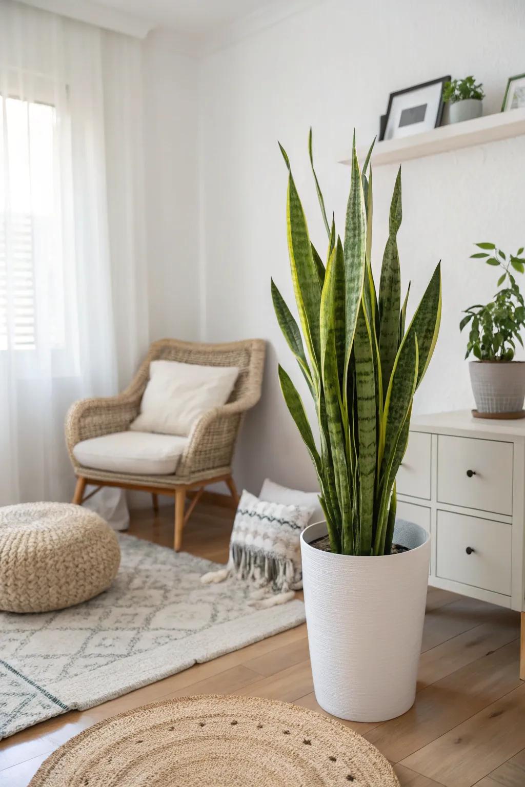 A sword plant complements minimalist decor with its uncluttered forms.