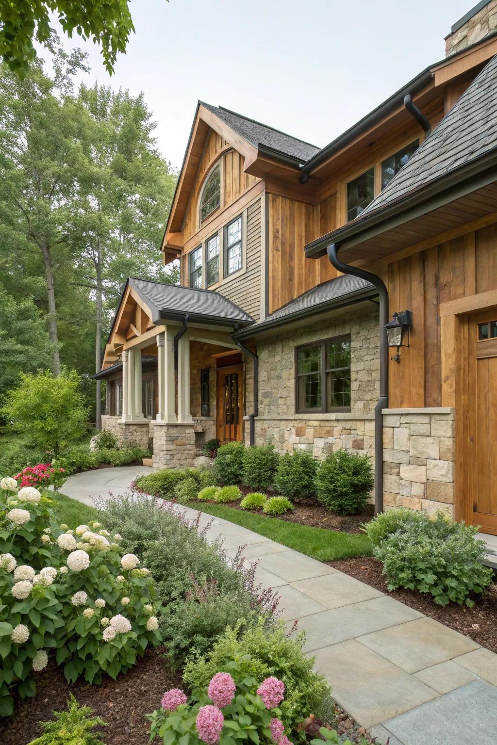 Mixed-material trim brings texture and character to this residence.