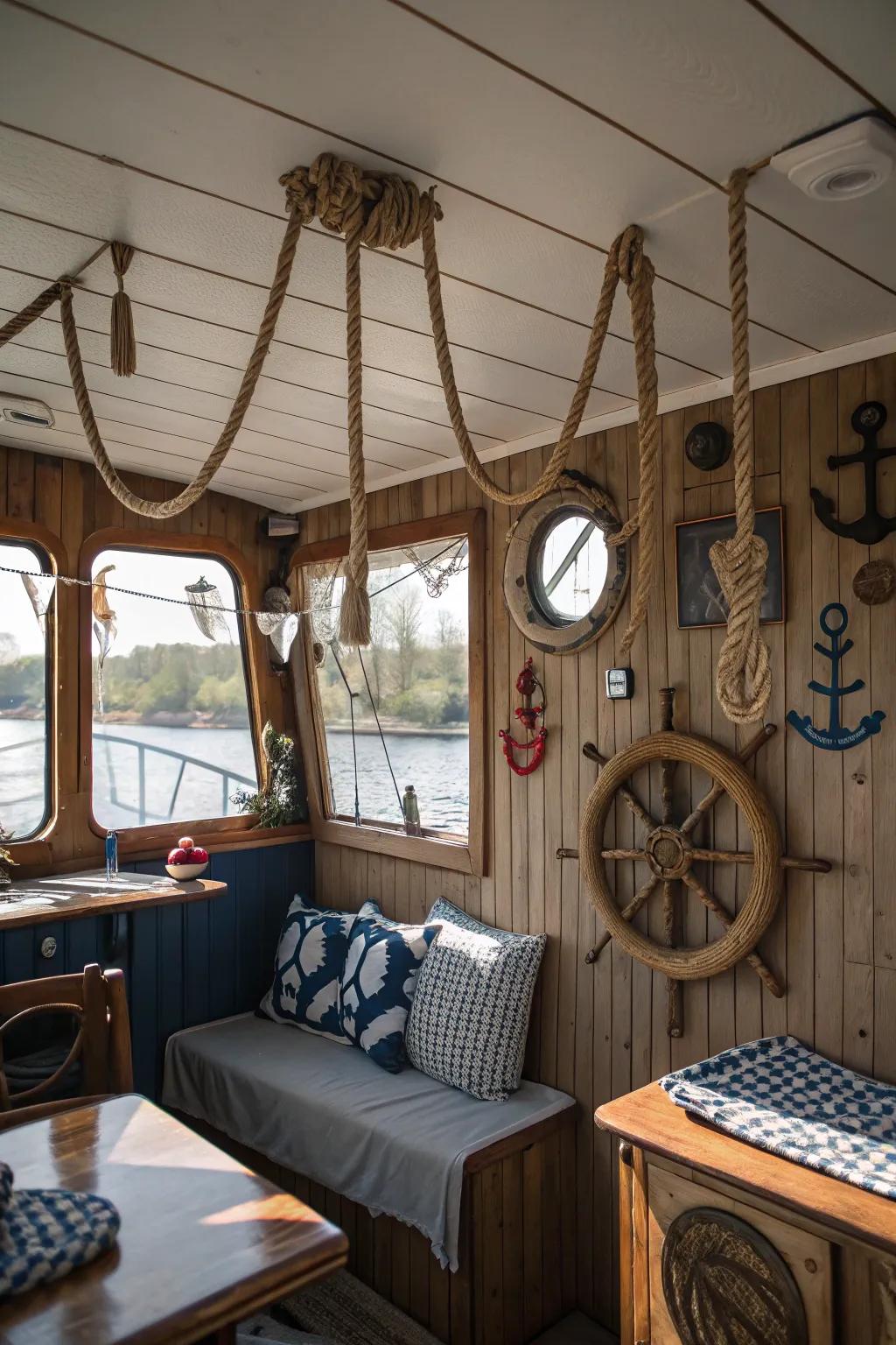 The nautical decorations in this houseboat give it personality.