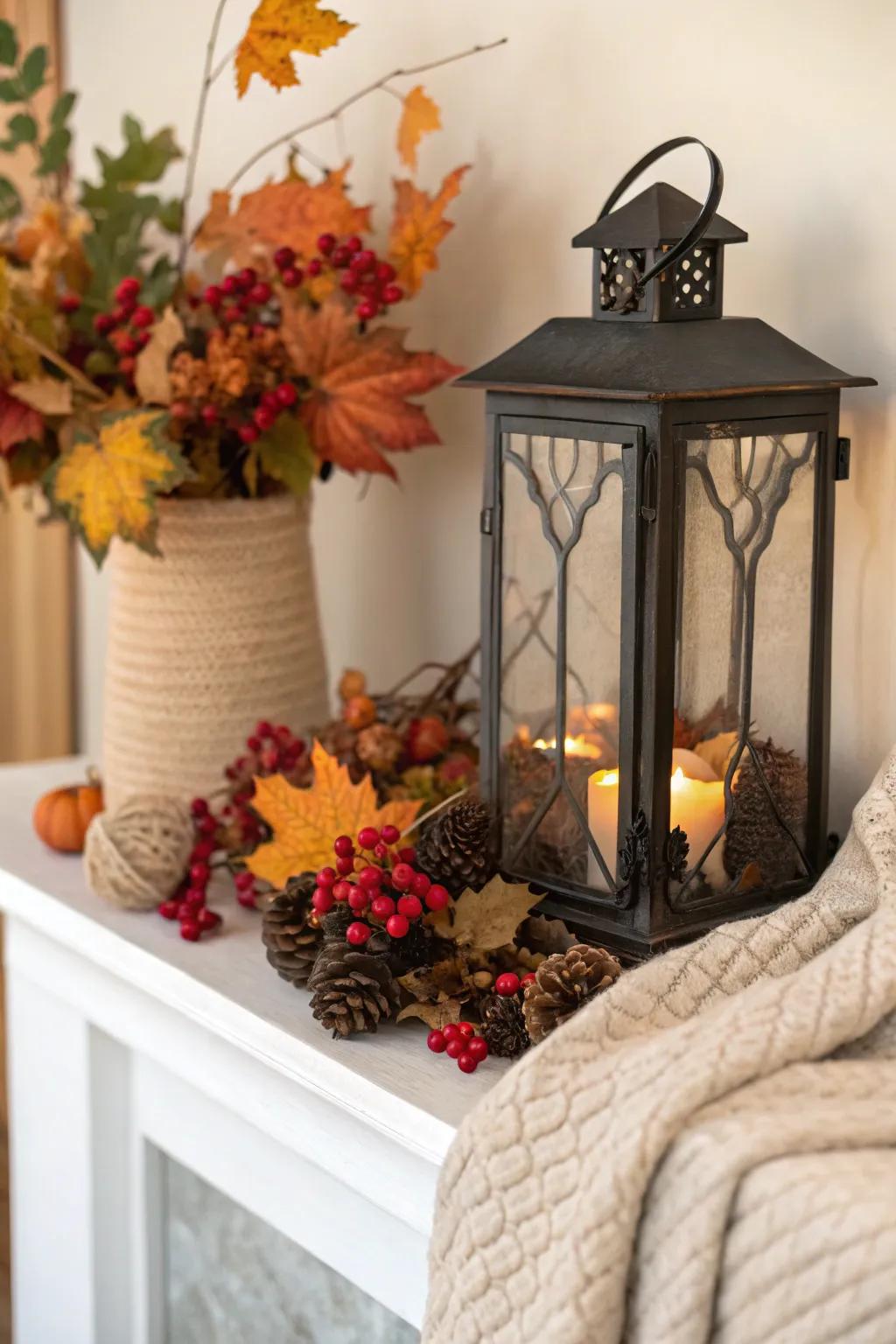 A warm autumn lantern display showcasing leaves and berries.