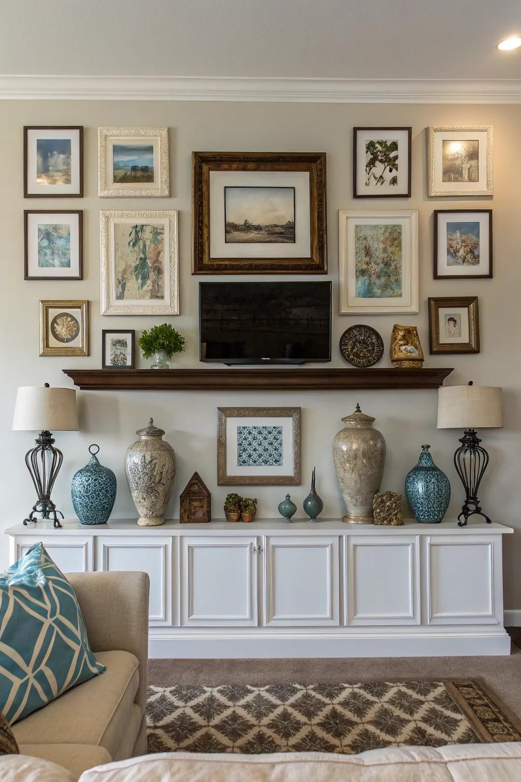 Symmetrical designs bring order and balance to big wall areas.