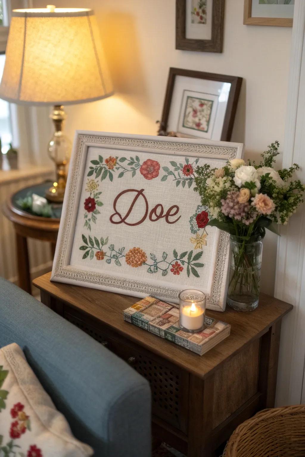 Personalized needlework pieces make meaningful décor.