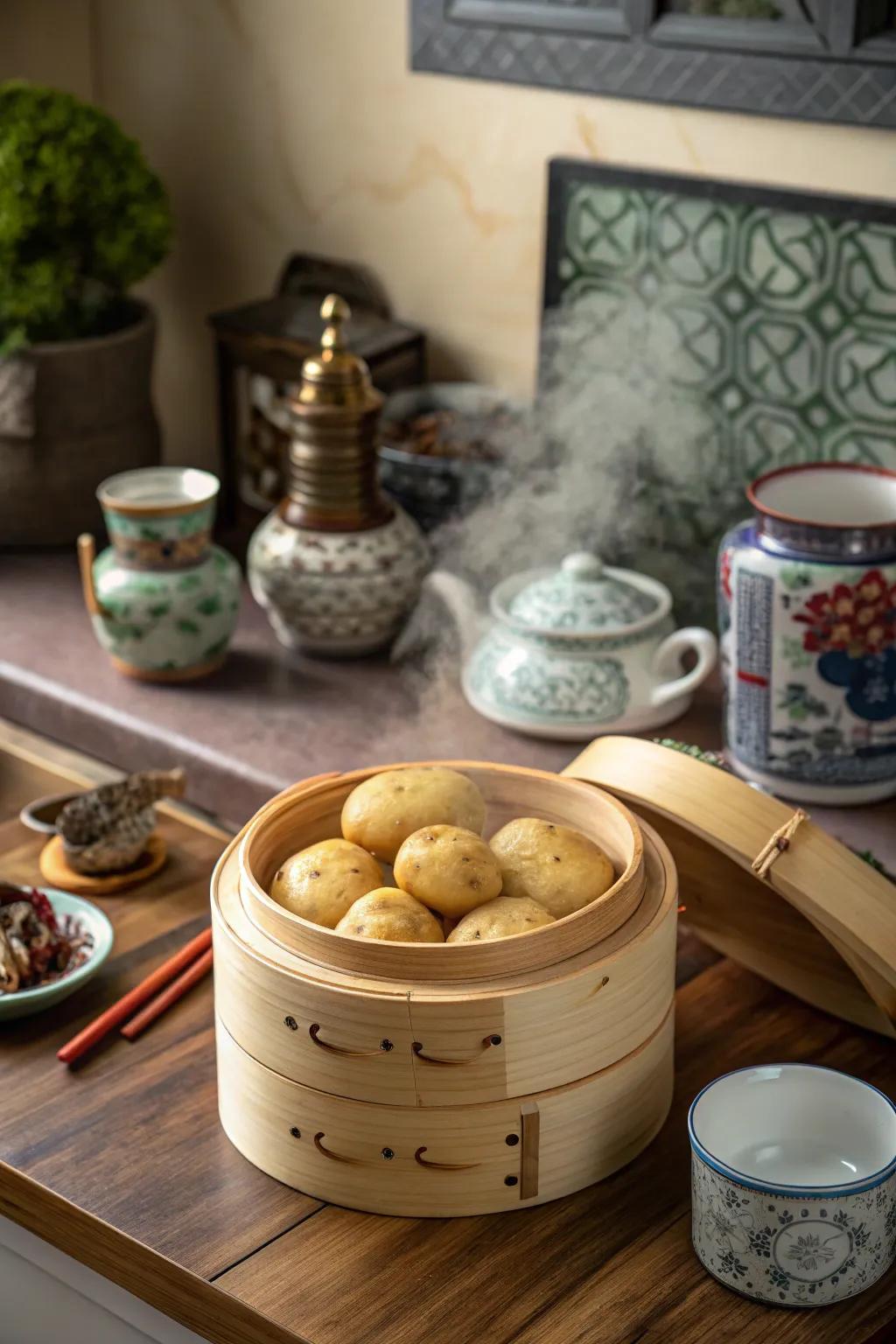 Bamboo steamer becomes an original veggie container.