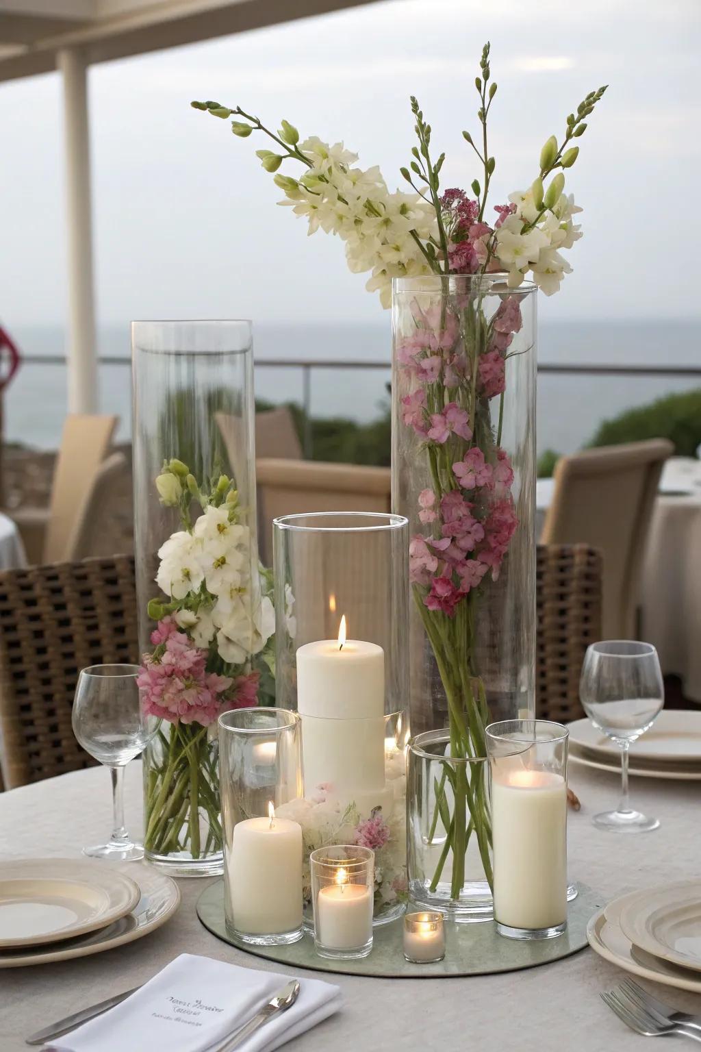 Varying the heights of vases engenders a dynamic and aesthetically engaging focal point.
