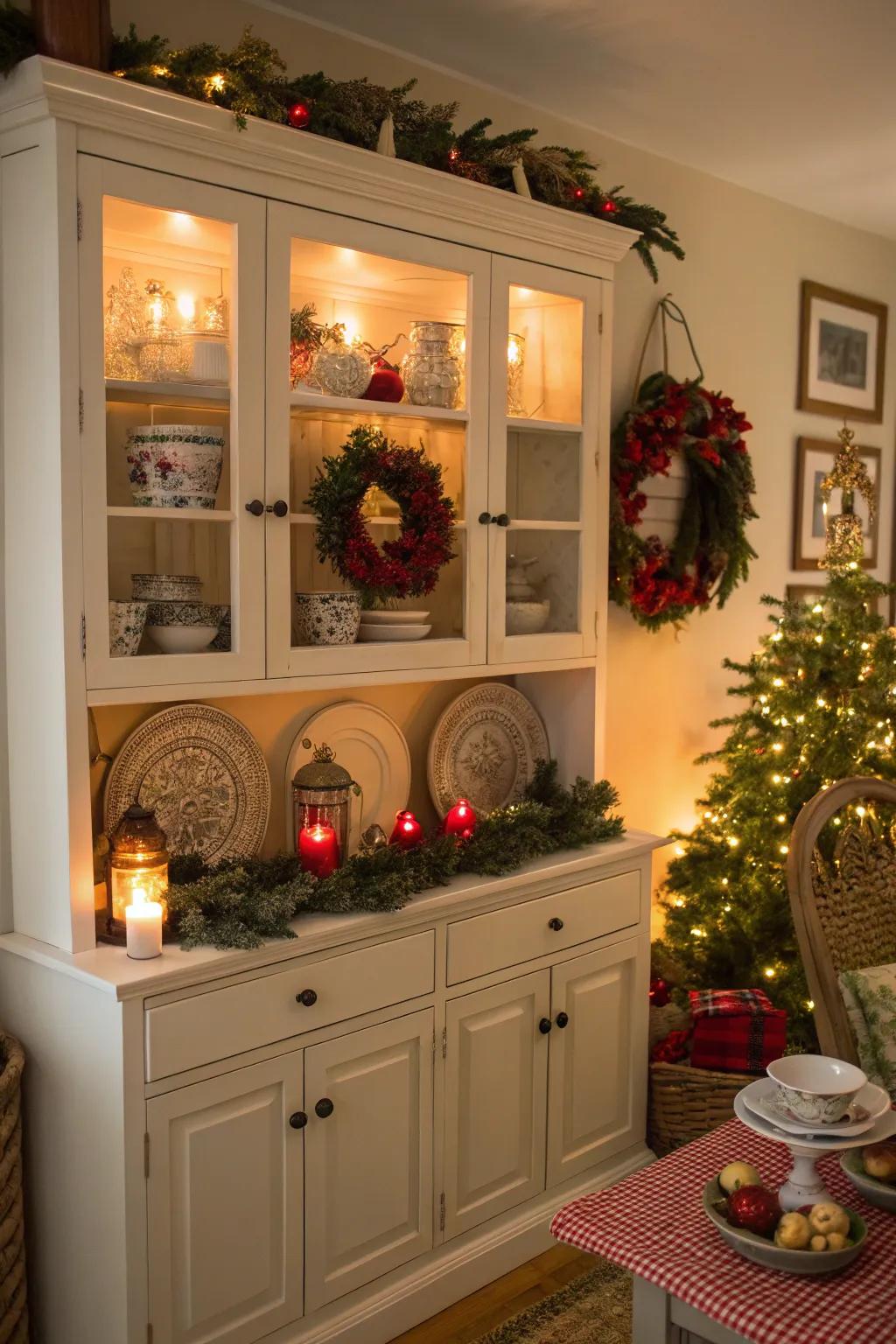 Seasonal nuances bring a merry sensation to this hutch.