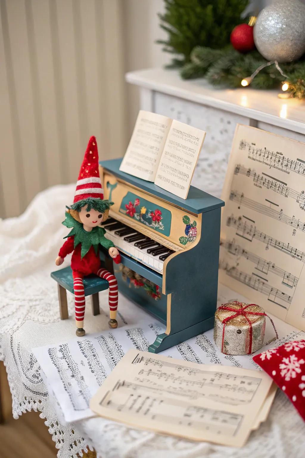 An elf serenades with a sweet melody, bringing music to the season.