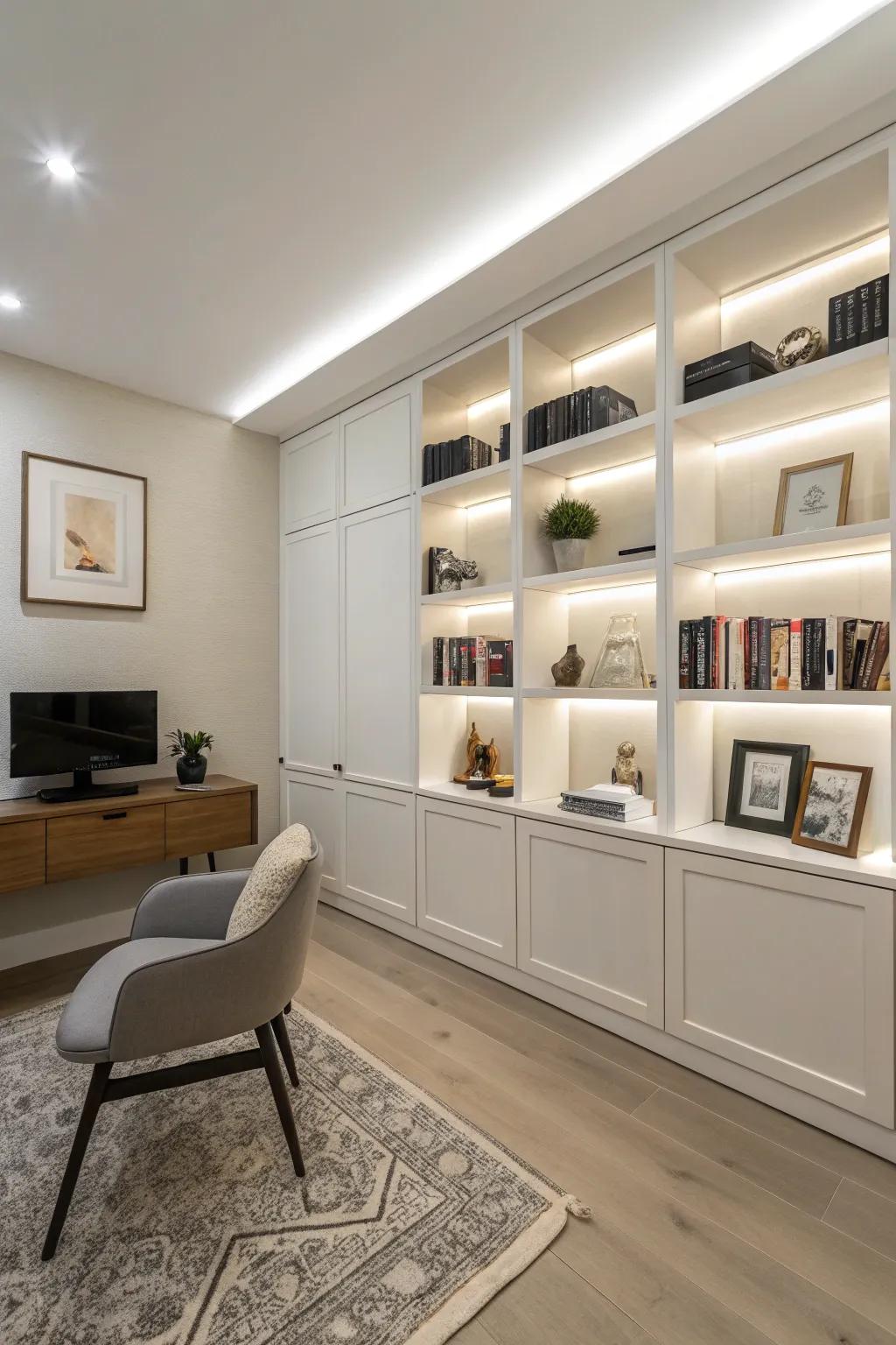 Sleek recessed shelves add a minimalist and contemporary element.