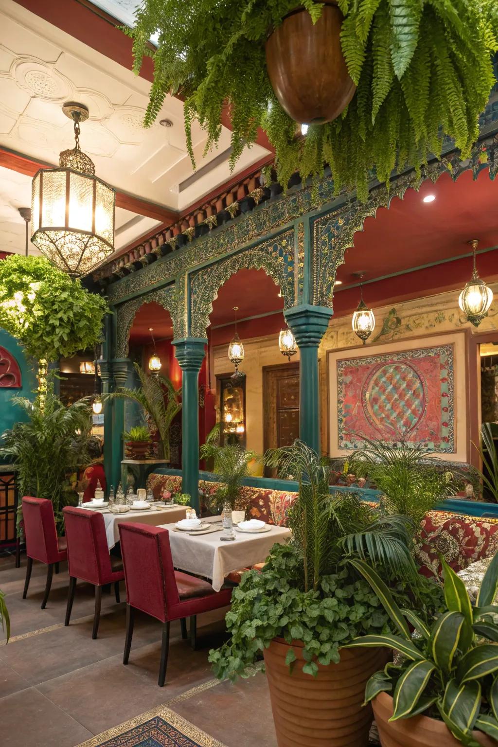 Decorative plants adding a natural touch to an Indian restaurant.