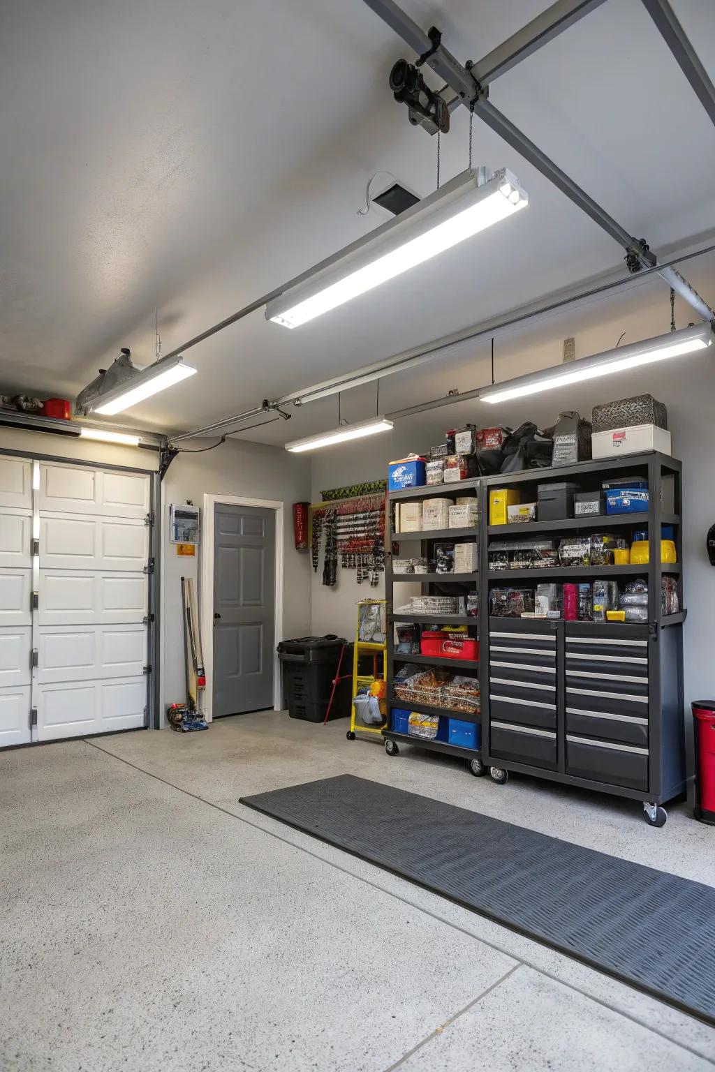 A bright and practical garage featuring industrial LED lighting