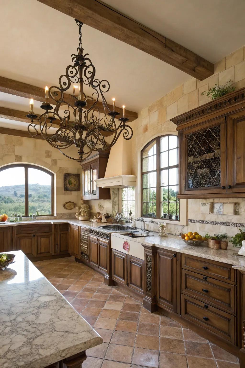 A forged iron pendant injects sophistication and vintage allure.