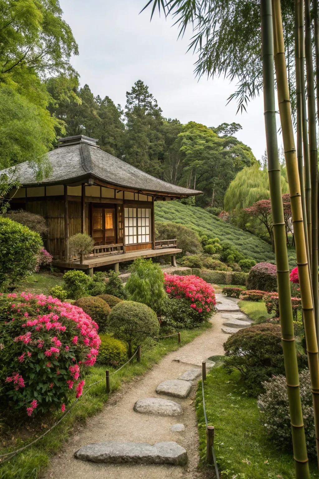 A traditional tea space encircled by greenery in a Japanese garden.