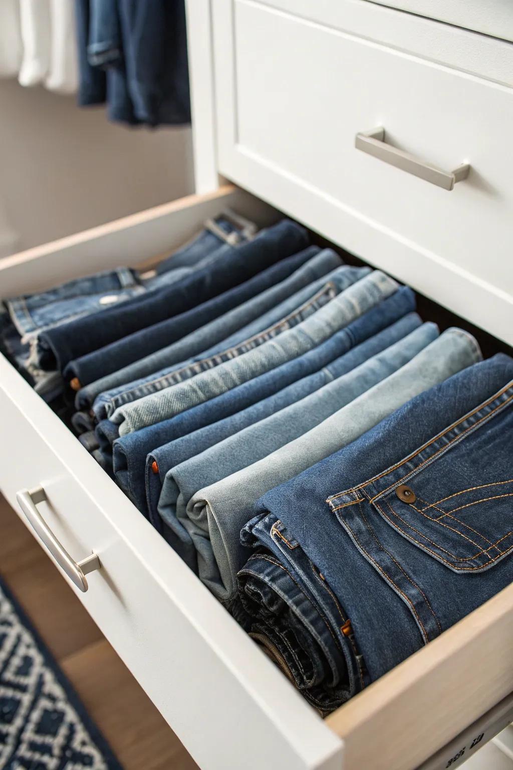 File jeans vertically for drawer ease.