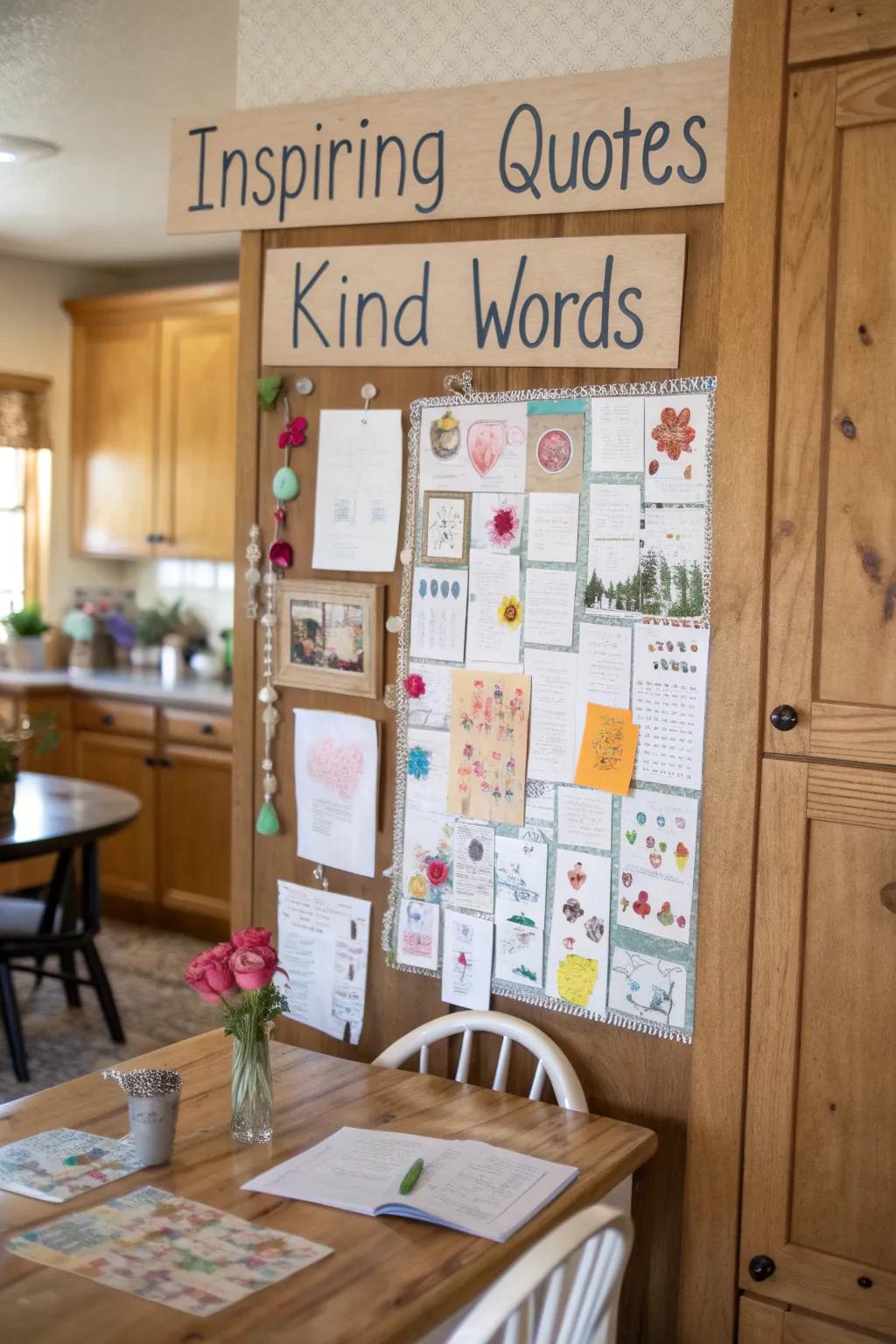 A bright kitchen features a kindness bulletin board, adorned with inspiring quotes and words of encouragement.